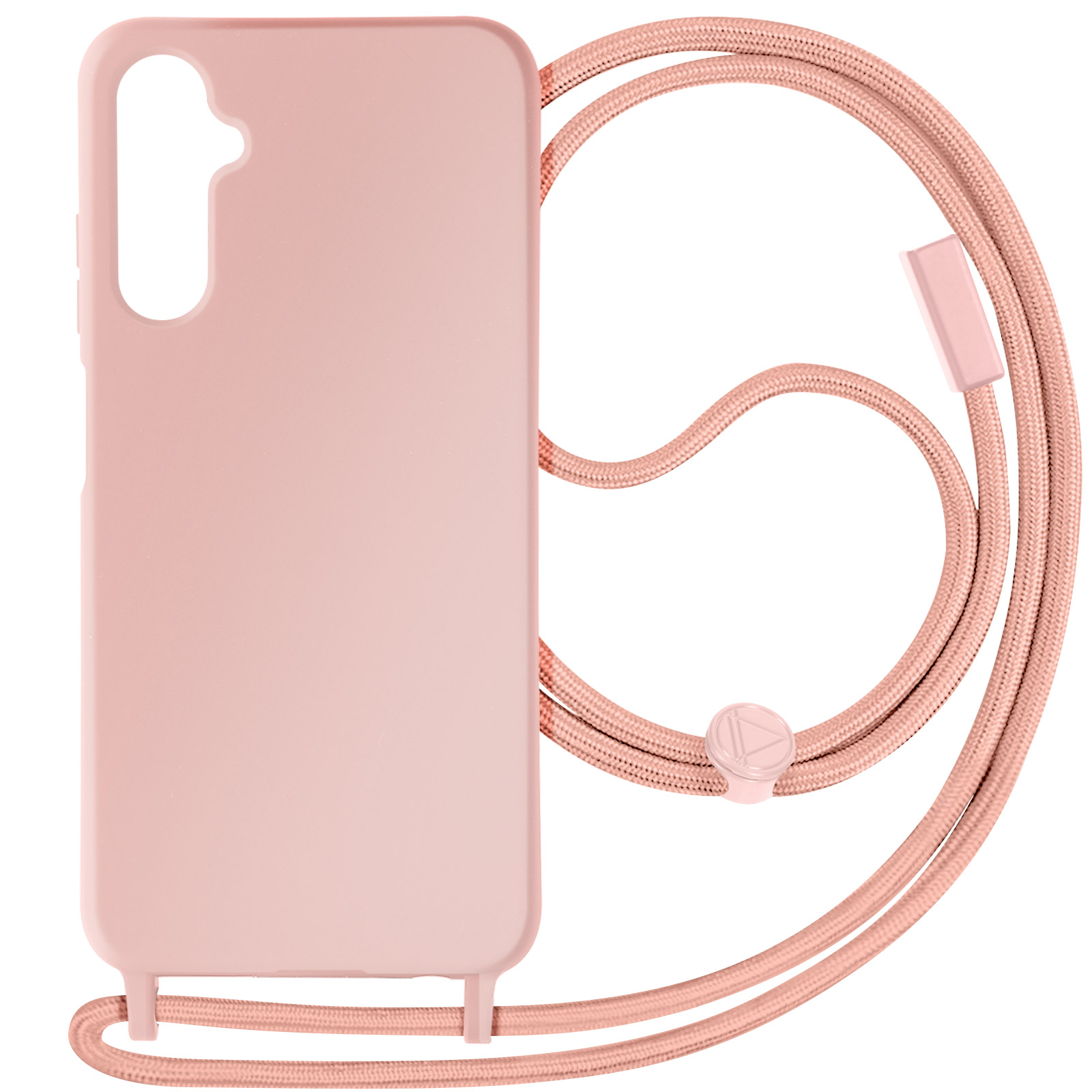 Coque de téléphone rose avec cordon rose assorti, fond blanc. L'étui est au premier plan.