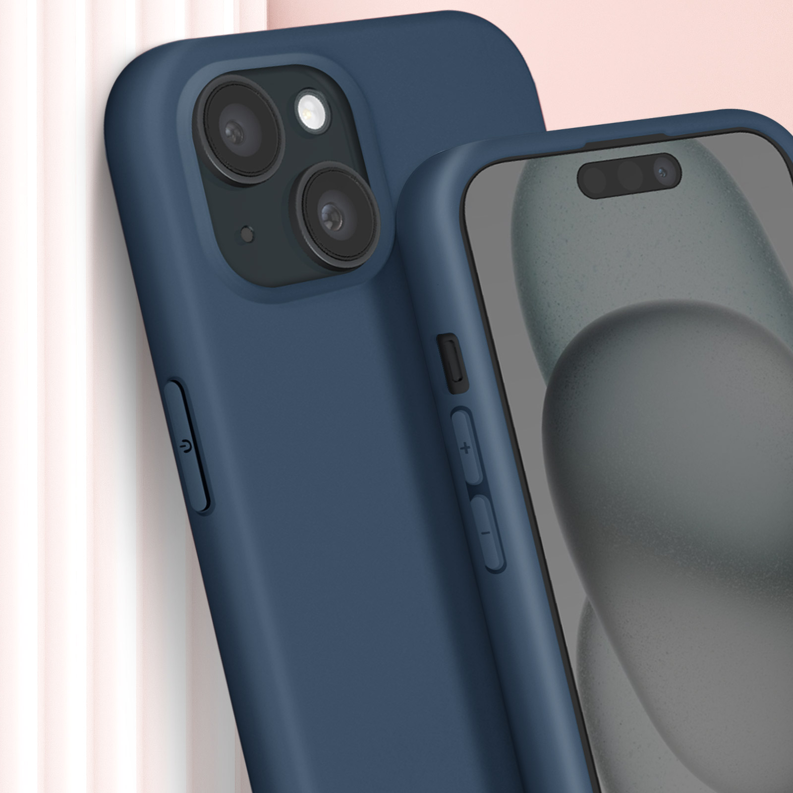 Custodia blu per telefono con matrice di fotocamere e pulsanti visibili sul lato. Il telefono è angolato.