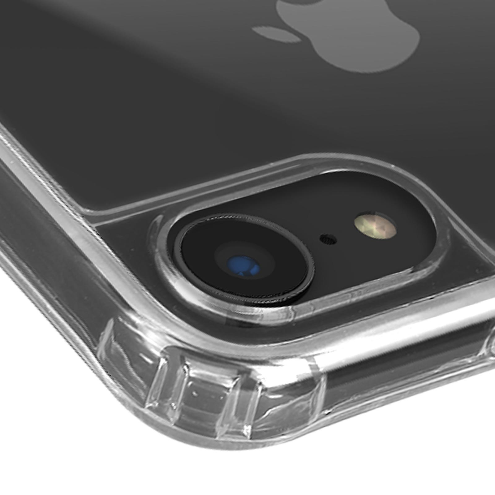 Primo piano di una custodia trasparente per telefono con obiettivo. Superficie riflettente.