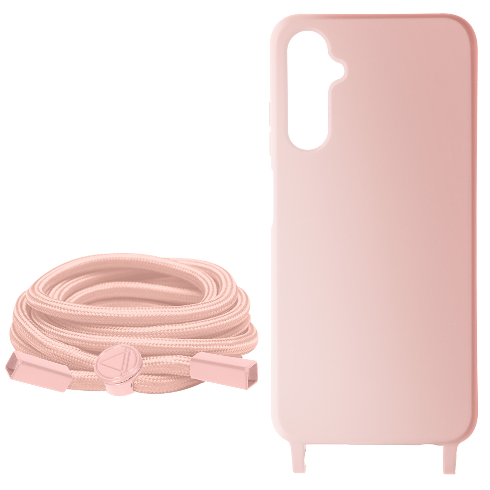 Coque de téléphone rose et ensemble de cordon avec connecteur métallique, isolé sur blanc.