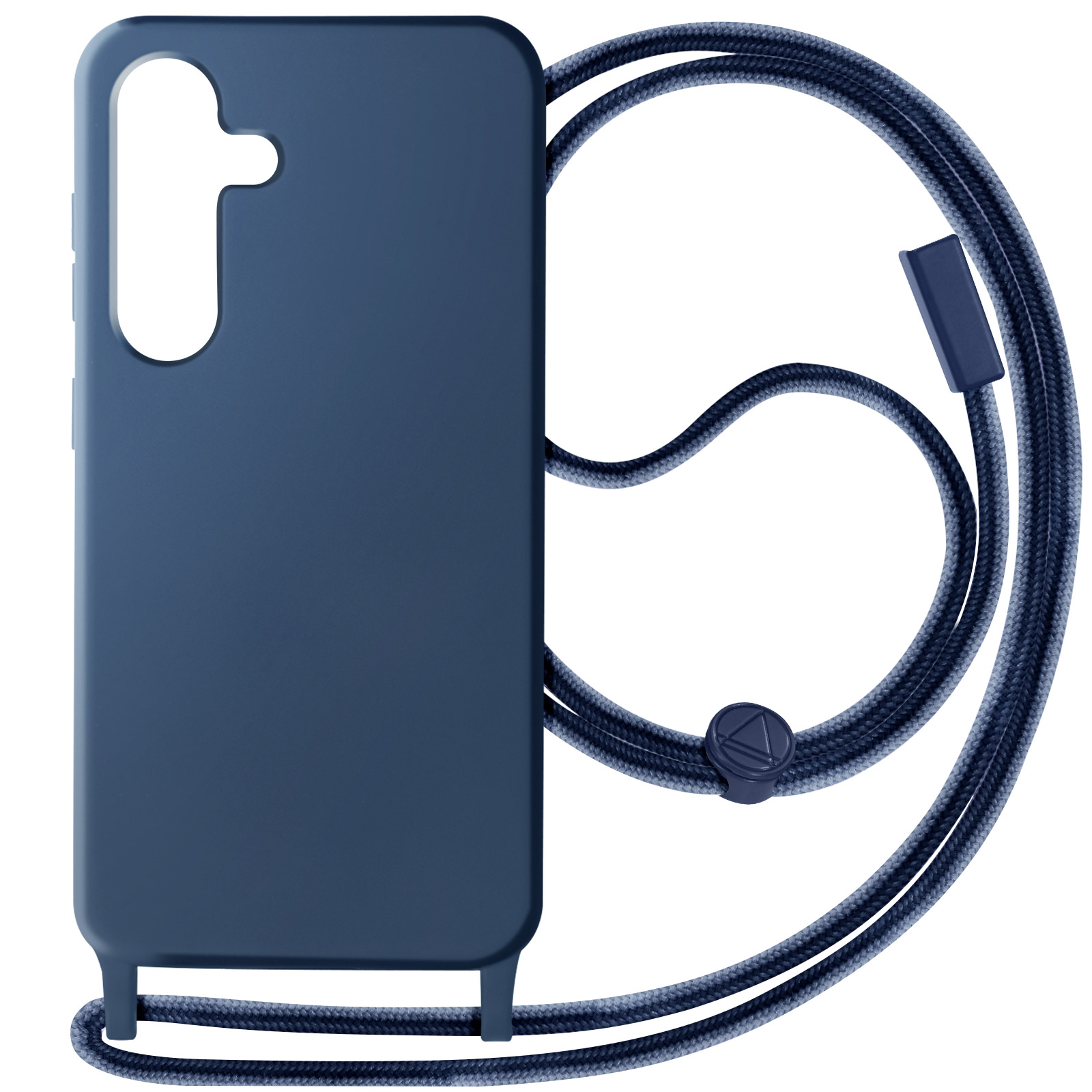 Custodia blu scuro per telefono e cordino. Ha ritaglio fotocamera e attacco per cordino.