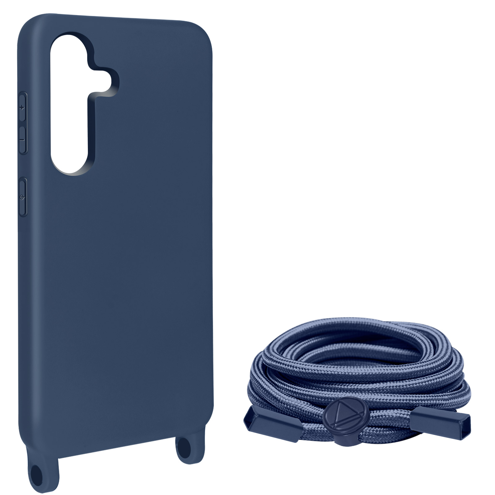 Custodia per telefono blu e un cinturino blu. Sfondo bianco.