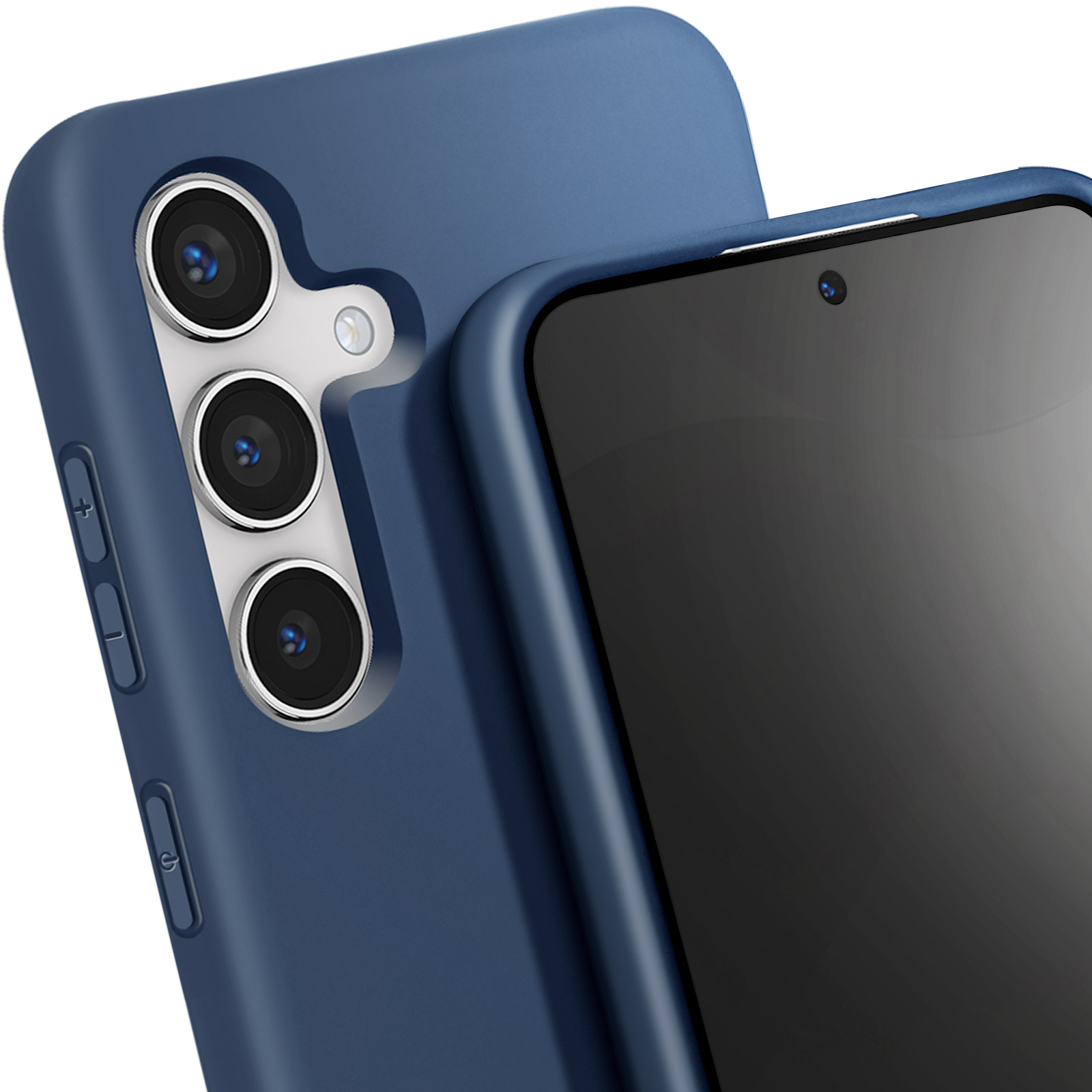 Telefono blu con vista ravvicinata delle lenti della fotocamera. La custodia è blu. Lo schermo è nero.