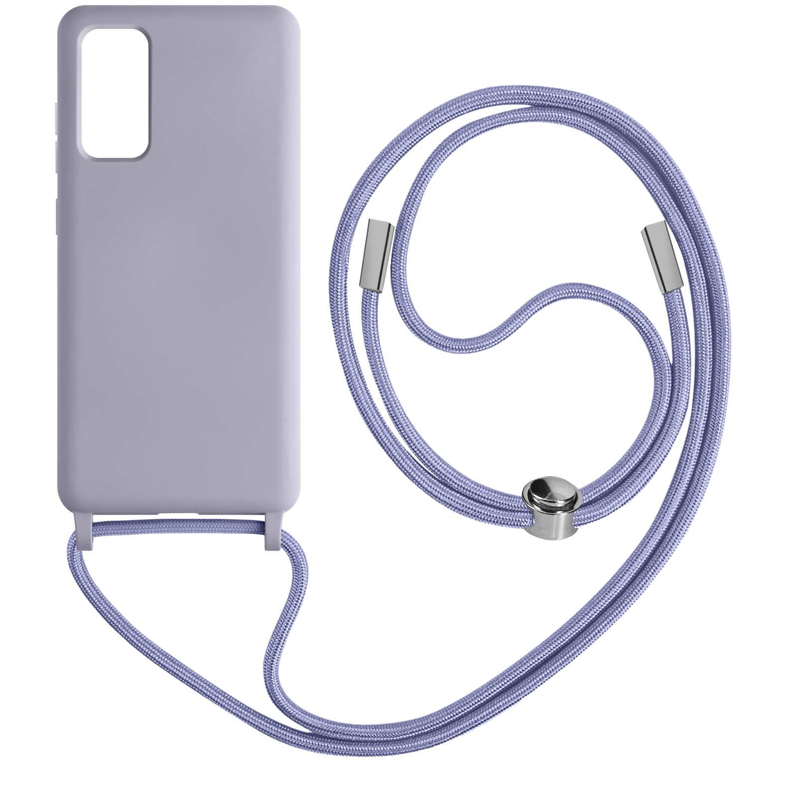 Une coque de téléphone violet clair avec un cordon assorti. La coque est reliée au cordon.