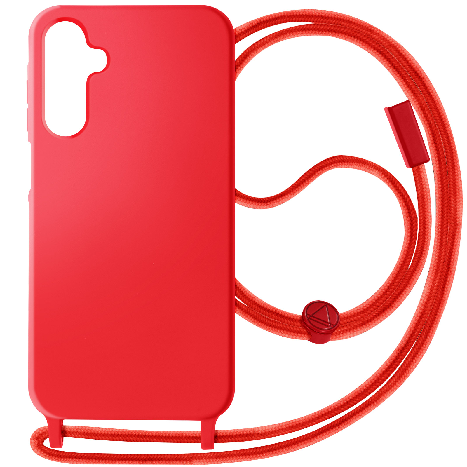 Custodia rossa per telefono con cordino rosso. Il cordino si attacca alla custodia.