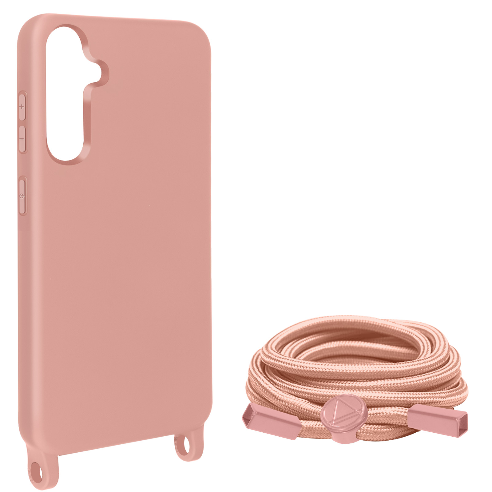 Coque de téléphone rose et un cordon tressé rose enroulé avec des connecteurs roses.