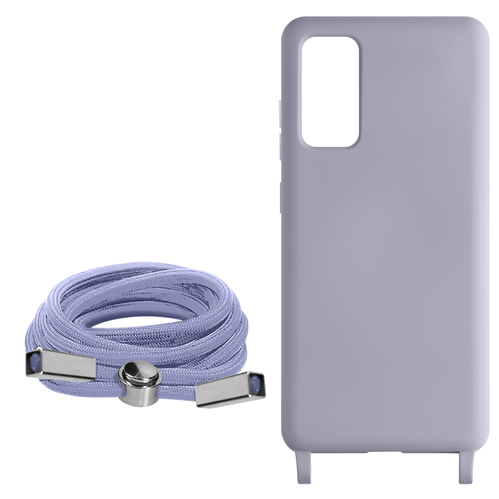 Coque de téléphone violette avec cordon lavande. Le cordon a des accessoires argentés.