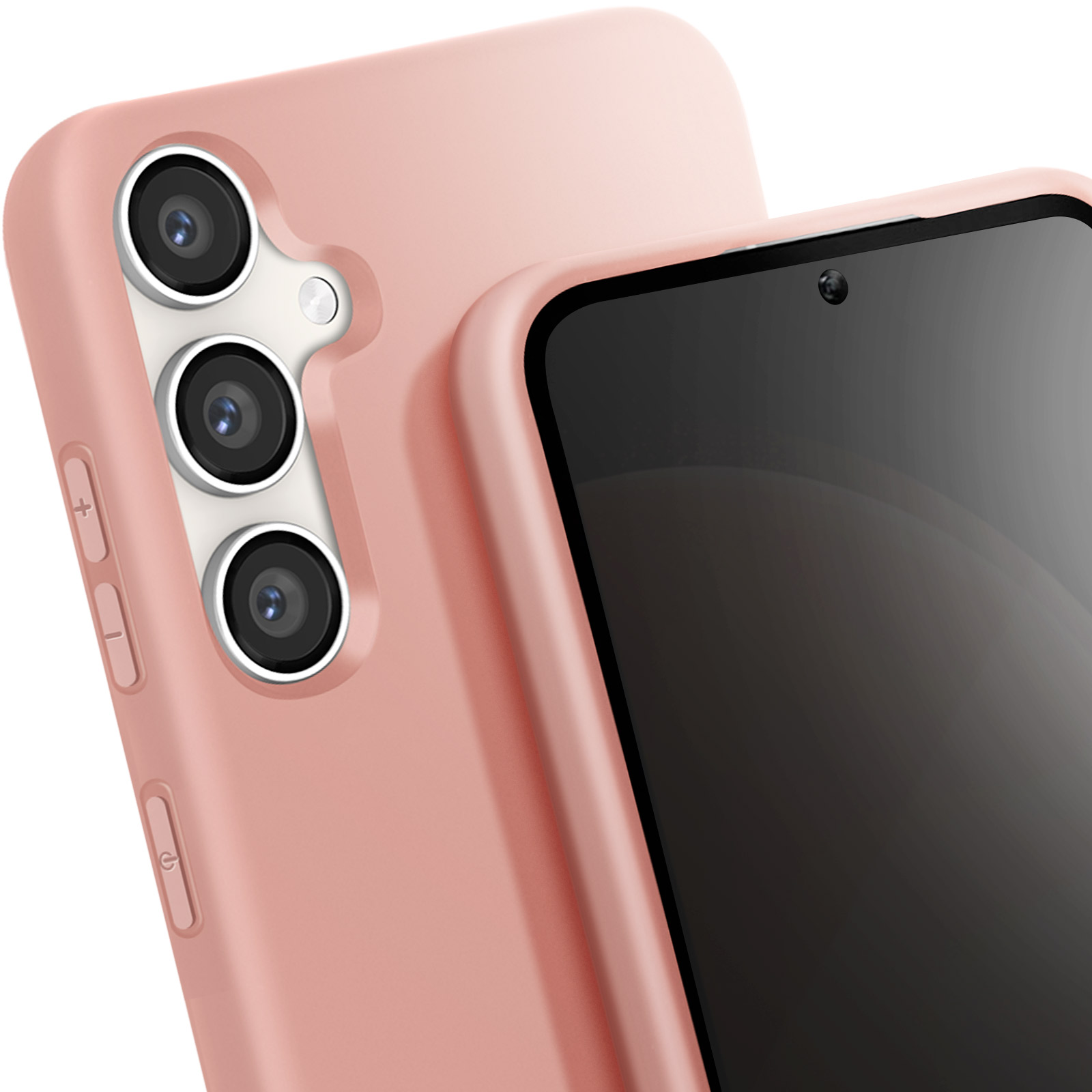 Gros plan de deux coques de téléphone roses, une inclinée.