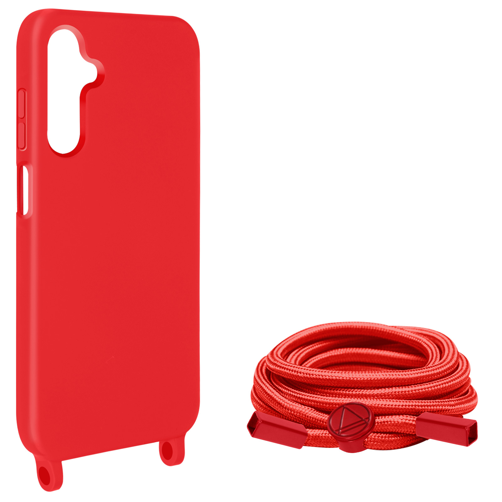 Custodia telefono rossa con cordino rosso.