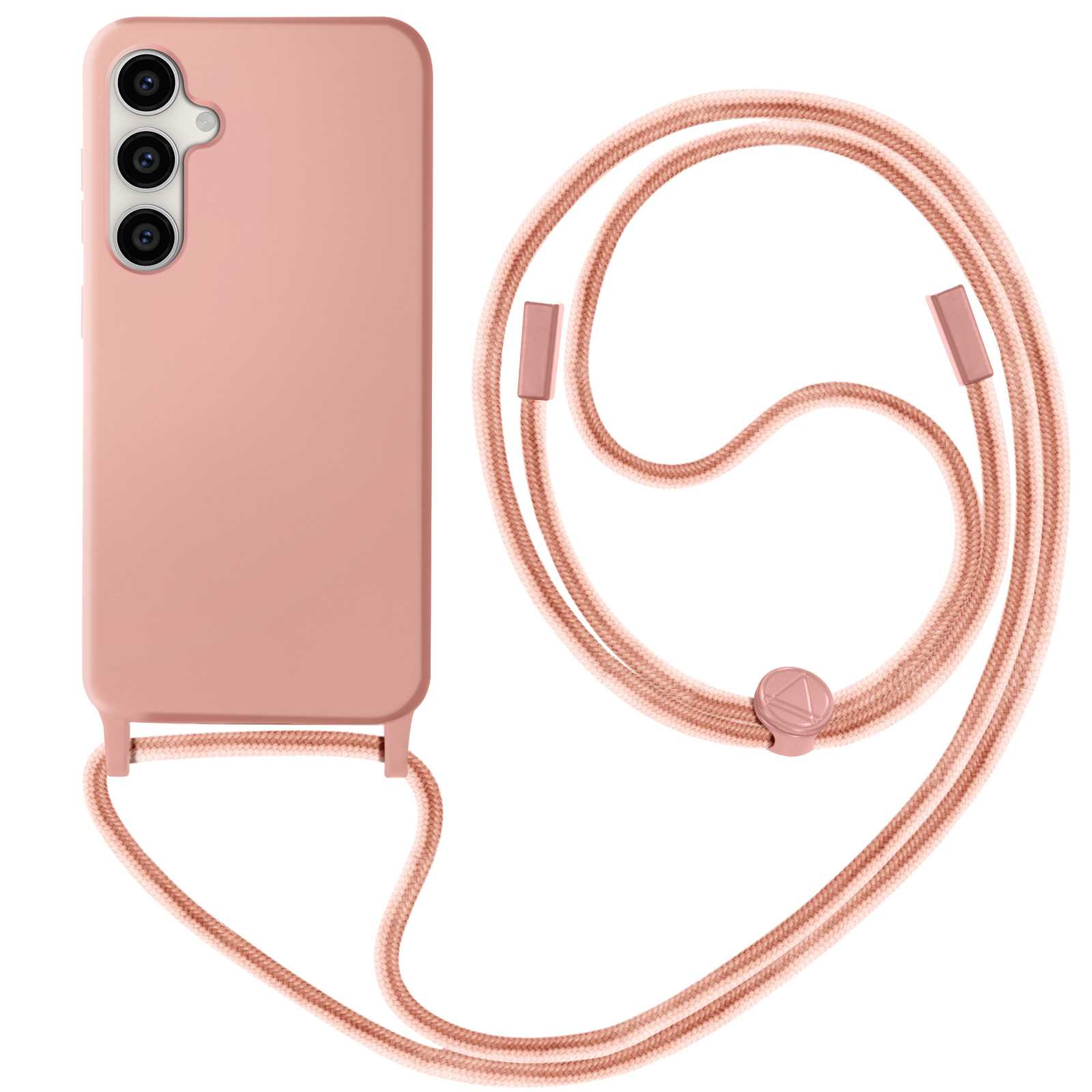 Coque de téléphone rose avec cordon assorti. La coque a trois caméras.