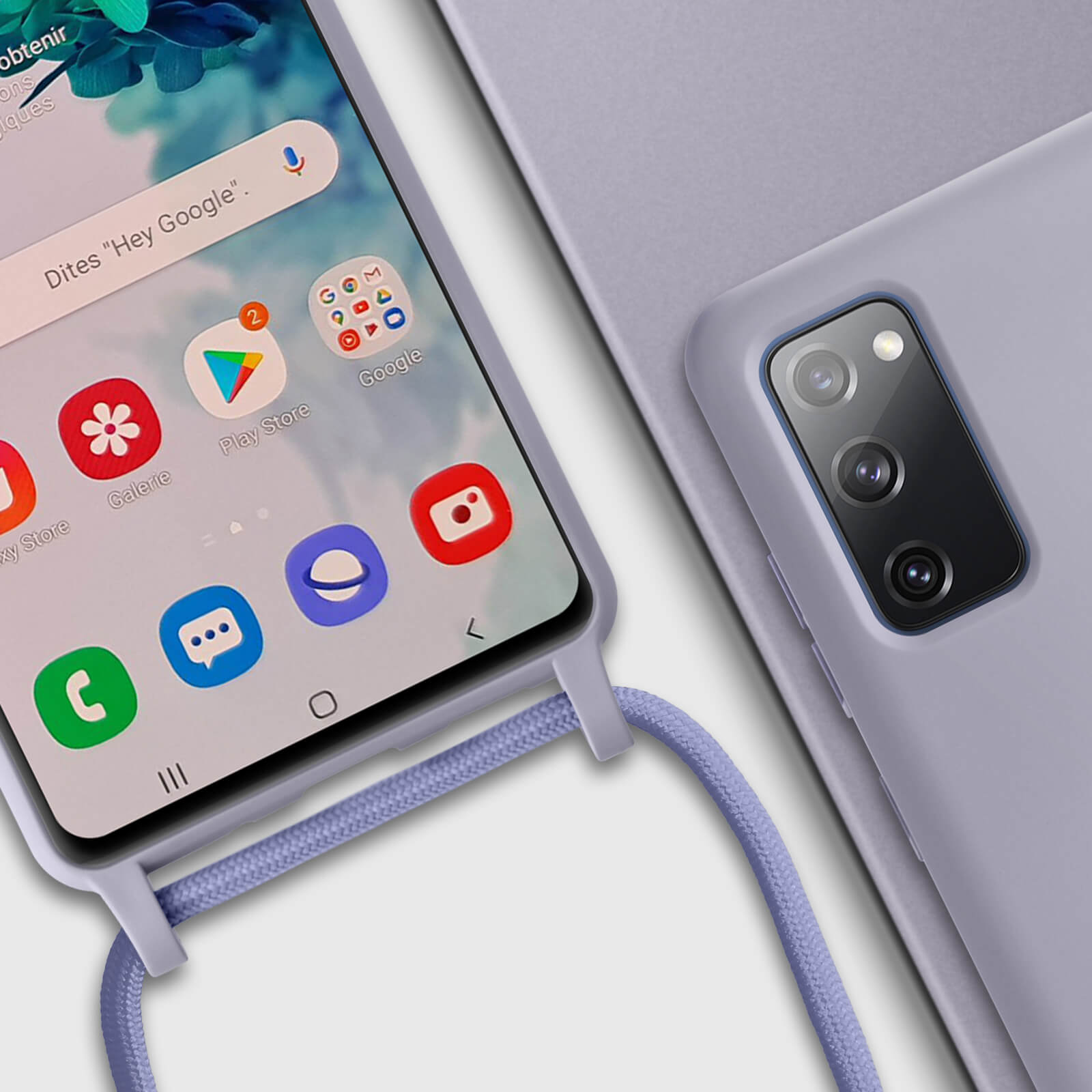 Téléphone avec cordon, icônes d'applications et coque violette.