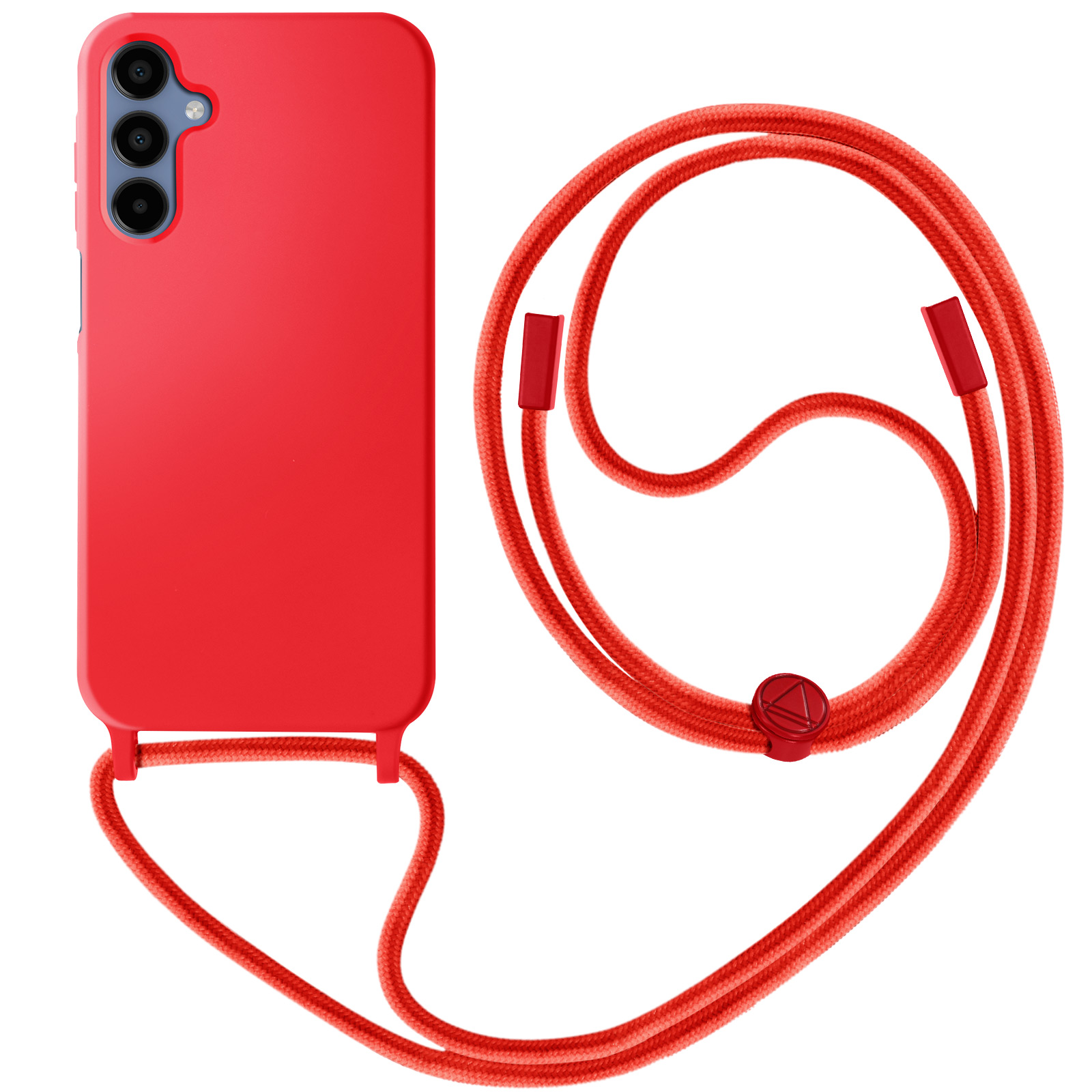 Custodia rossa per telefono con cordino rosso attaccato, con un bottone rosso.
