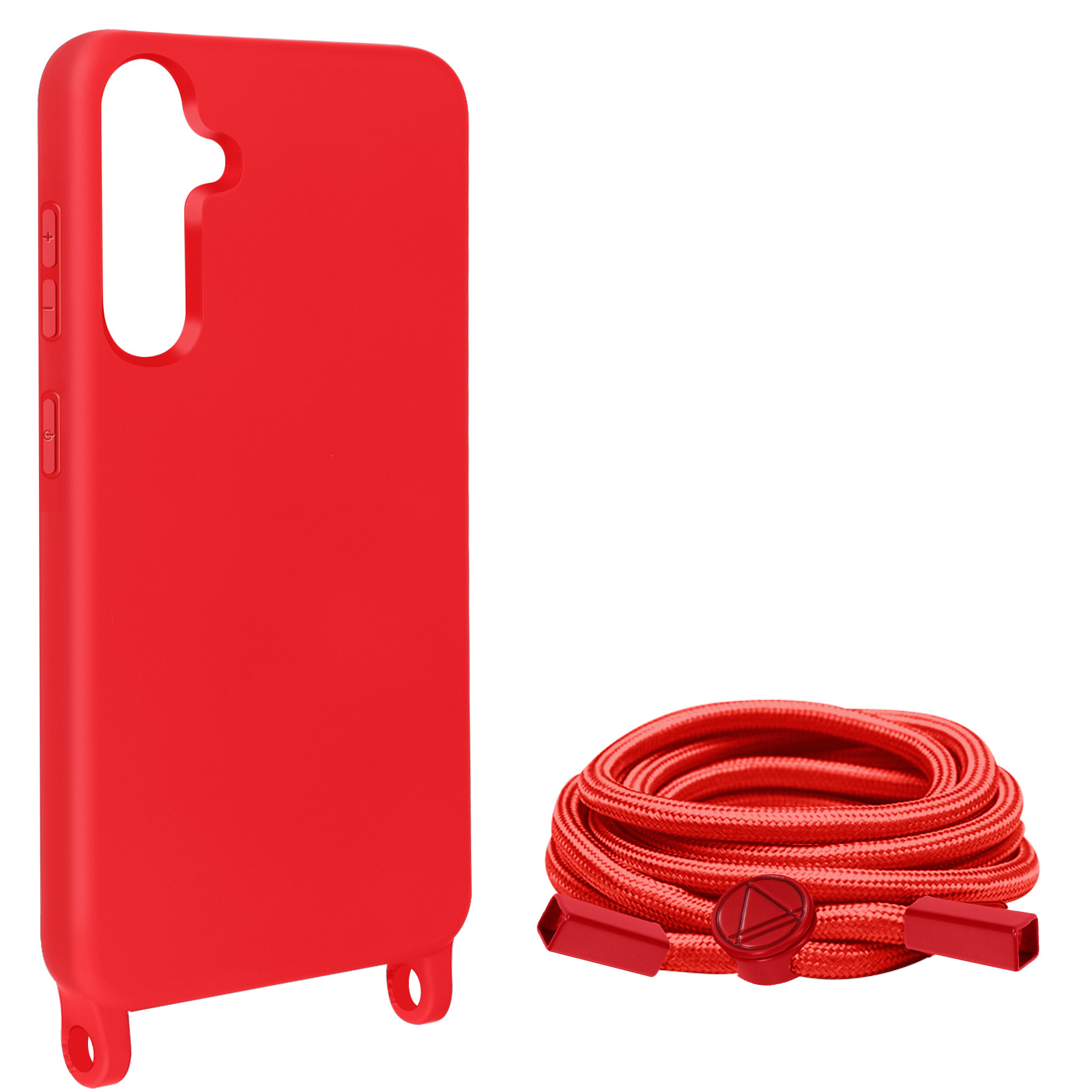 Custodia per telefono rossa e cordino rosso. Entrambi sono su sfondo bianco.