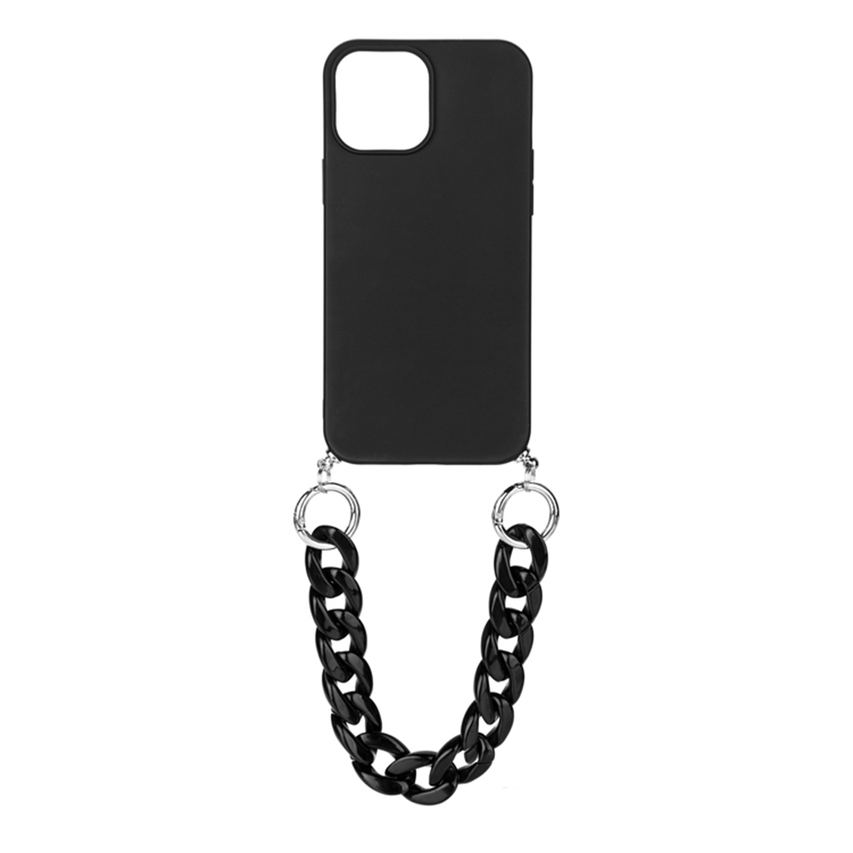 Custodia nera per telefono con catena nera. La custodia ha un ritaglio per la fotocamera.