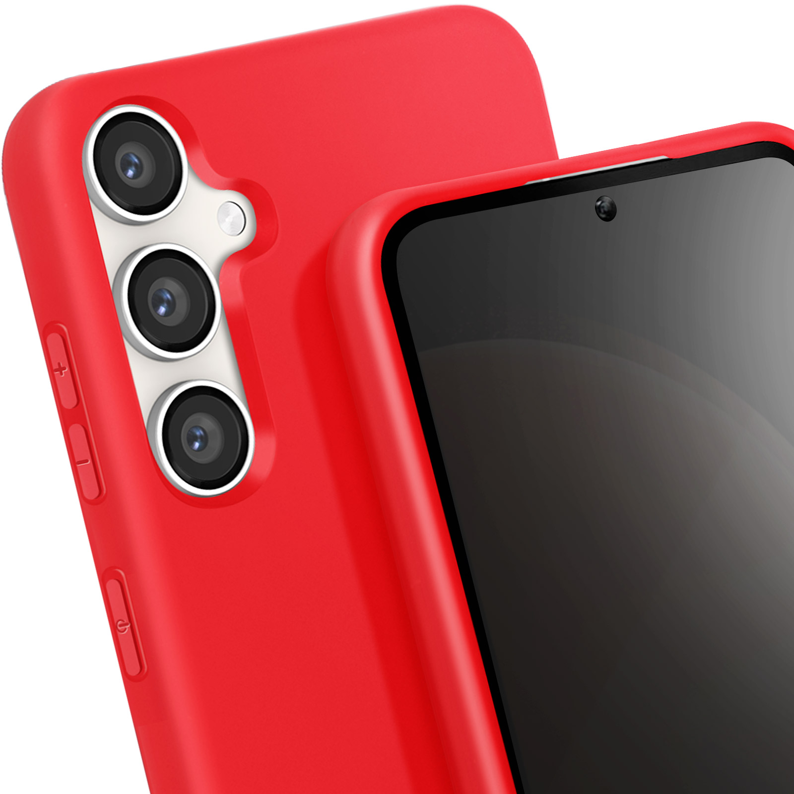 Custodia rossa per telefono con tre obiettivi. Un'altra custodia rossa dietro, sfondo nero.