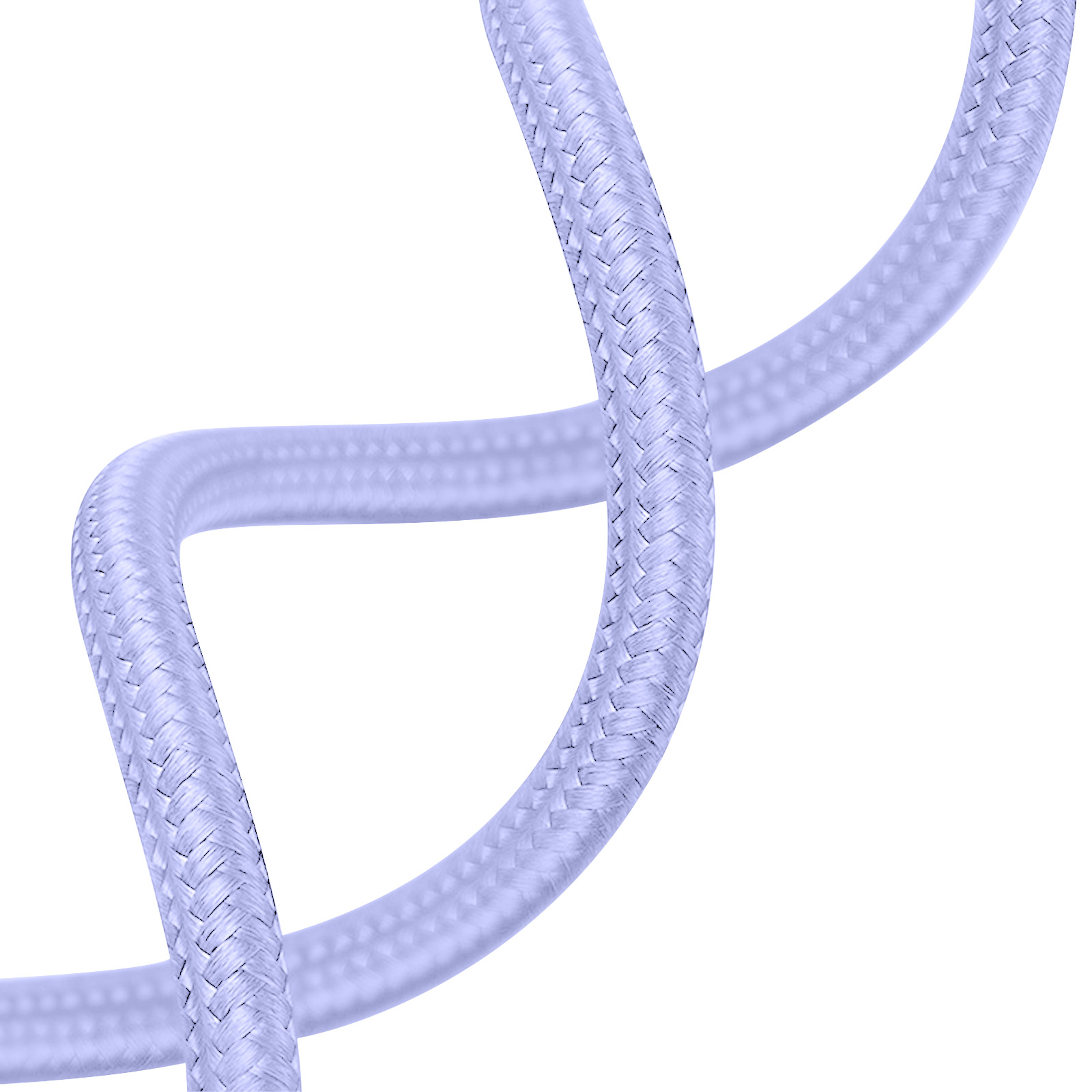 Een blauwe gevlochten kabel. De kabel is gebogen en de achtergrond is wit.