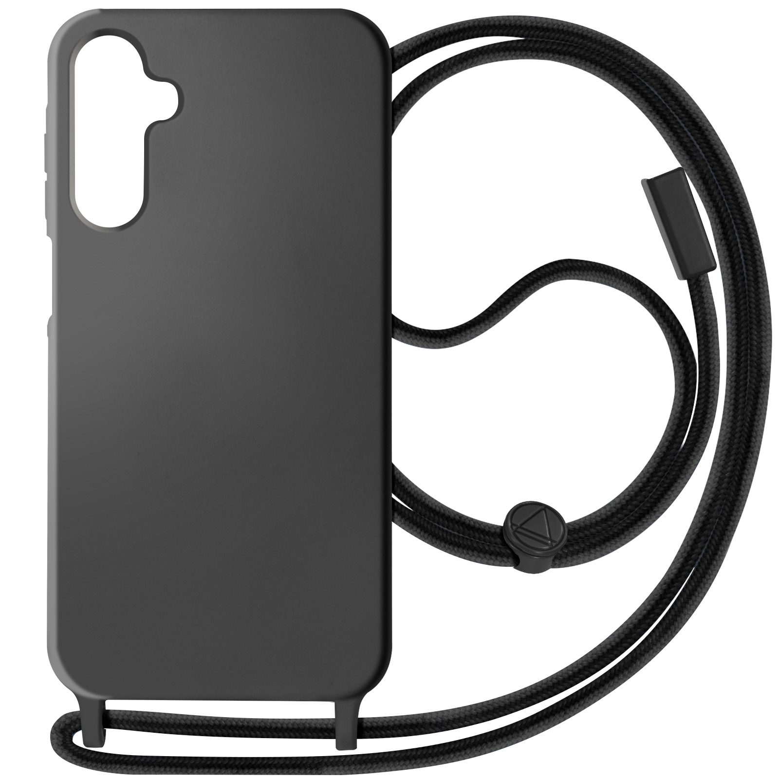 Custodia per telefono nera con cordino nero. La custodia è isolata su sfondo bianco.
