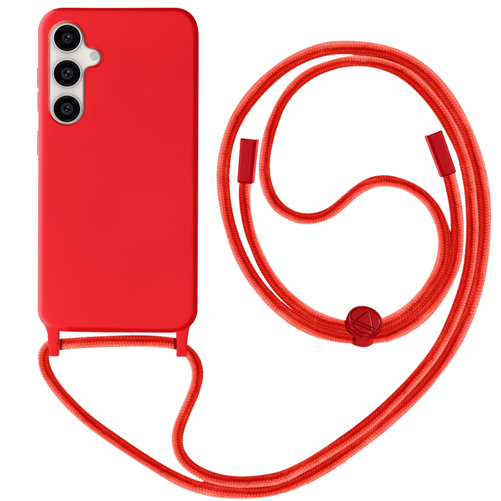 Un telefono rosso con una custodia rossa e un cinturino rosso. Viene presentato su sfondo bianco.