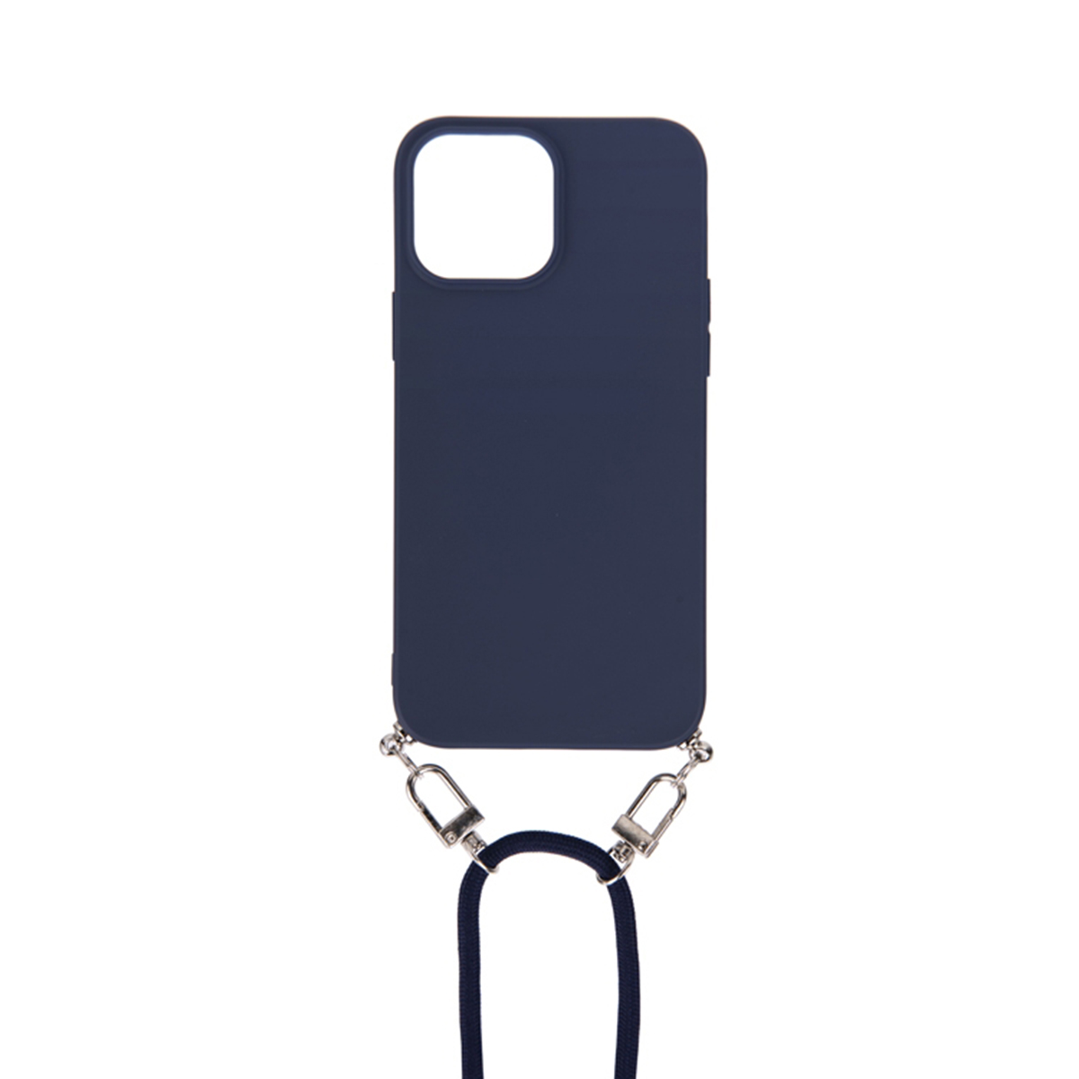 Custodia blu navy con cordino. La custodia è attaccata a un cordino nero.
