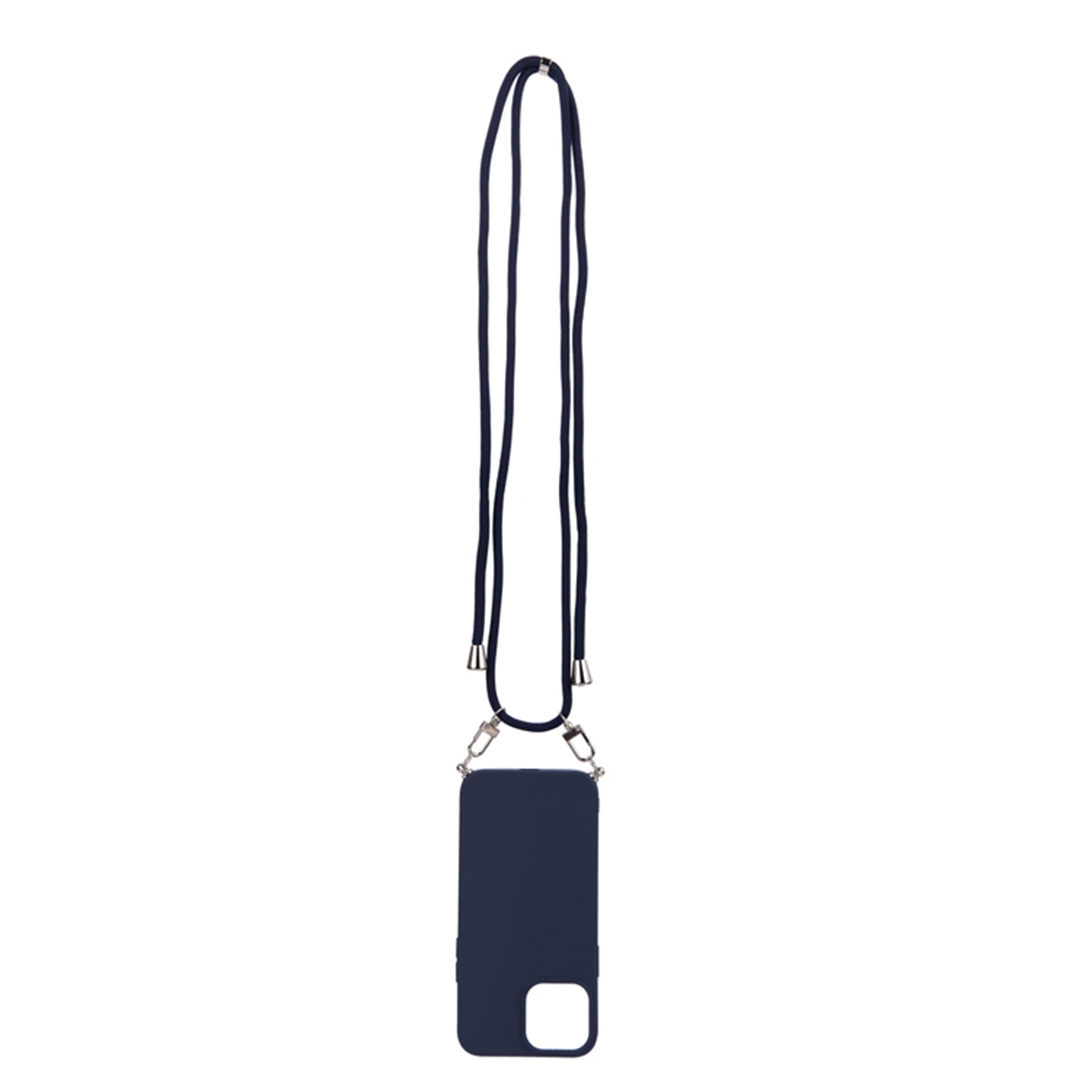 Custodia per telefono blu navy con un lungo cordino nero. Sfondo bianco.