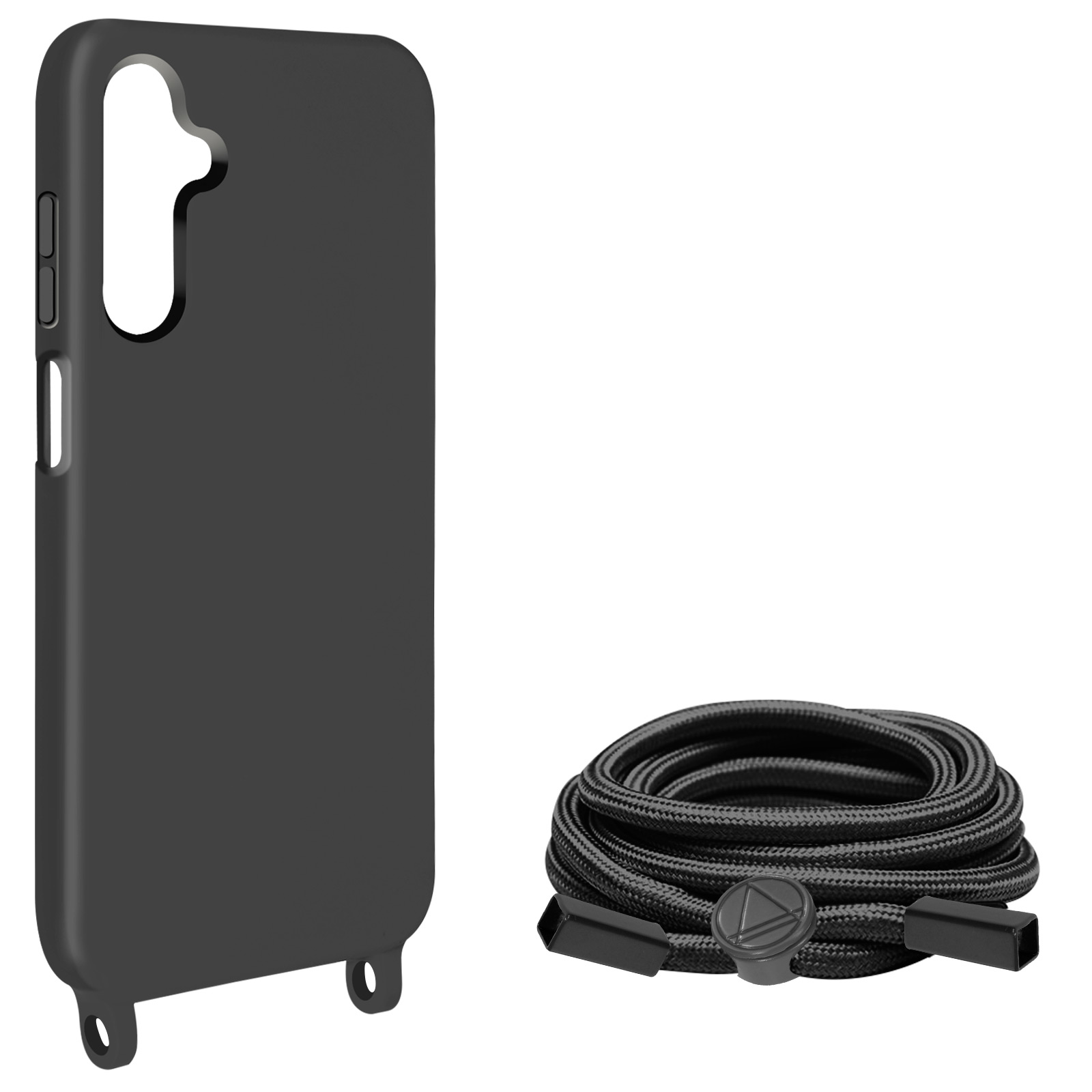 Custodia nera per telefono con cordino. La custodia ha un design semplice e un anello per il cordino.