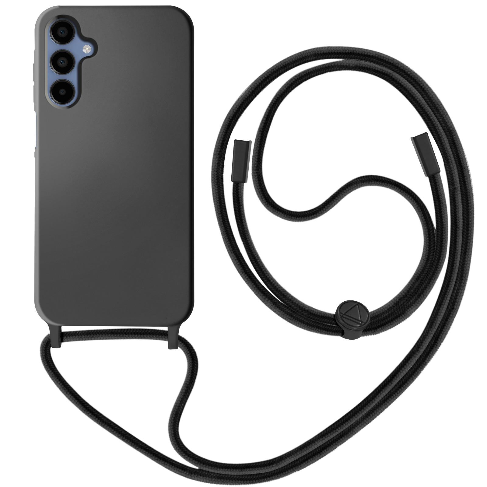 Custodia nera per telefono con cordino. Telefono nero nella custodia con cordino nero. Sfondo bianco.