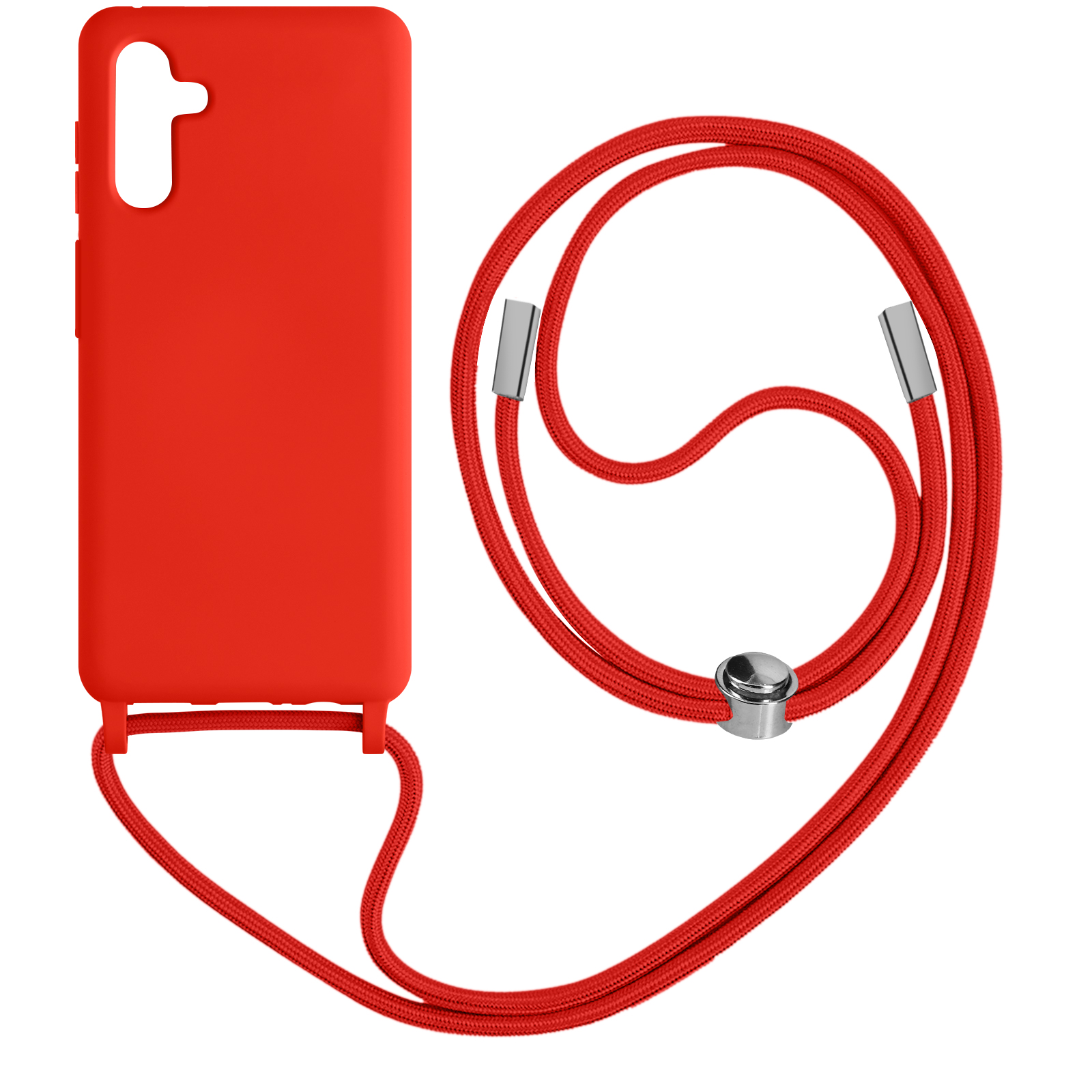 Custodia per telefono e cinturino rossi. La custodia è rosso pieno.