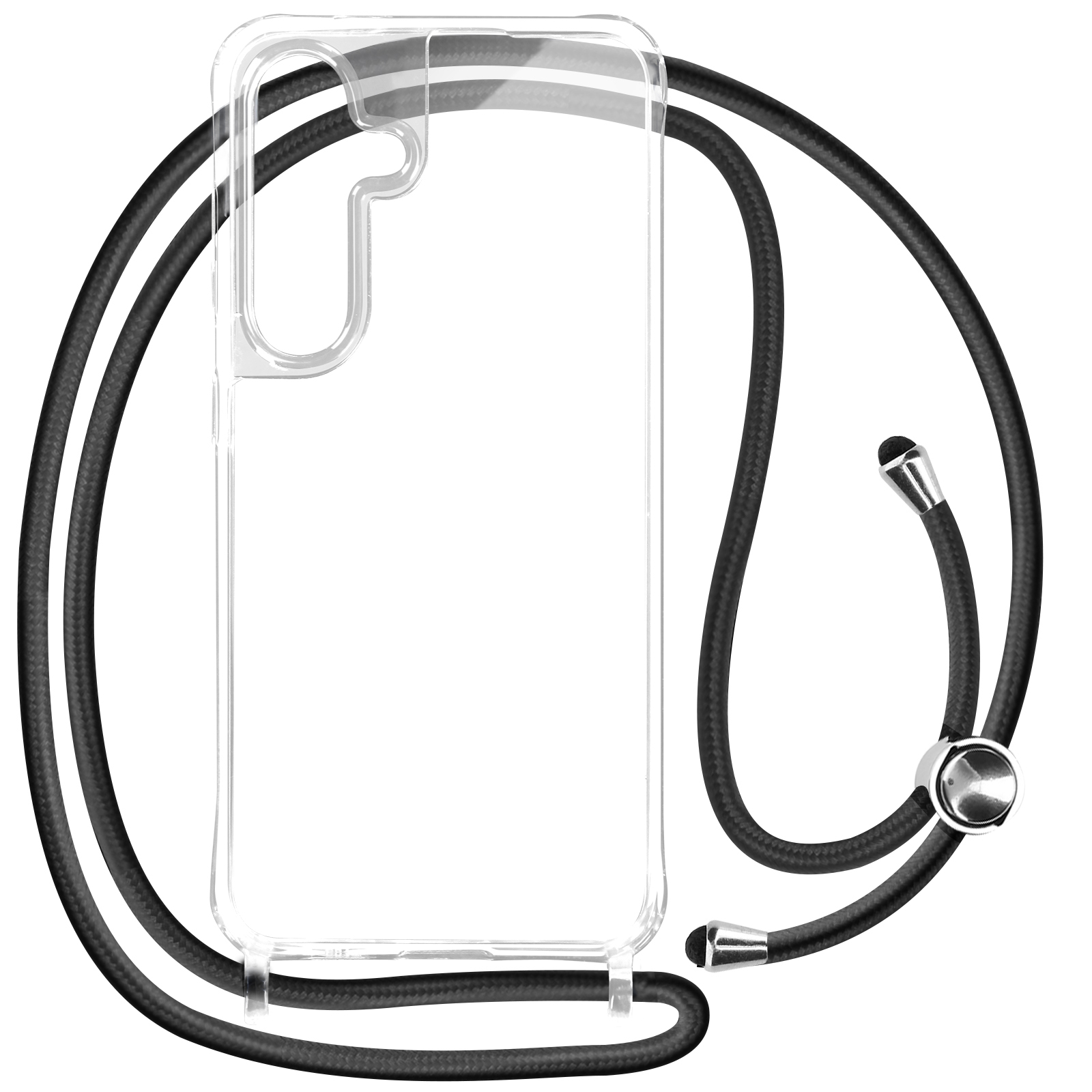Custodia trasparente per telefono con cinturino nero. La custodia è su sfondo bianco.