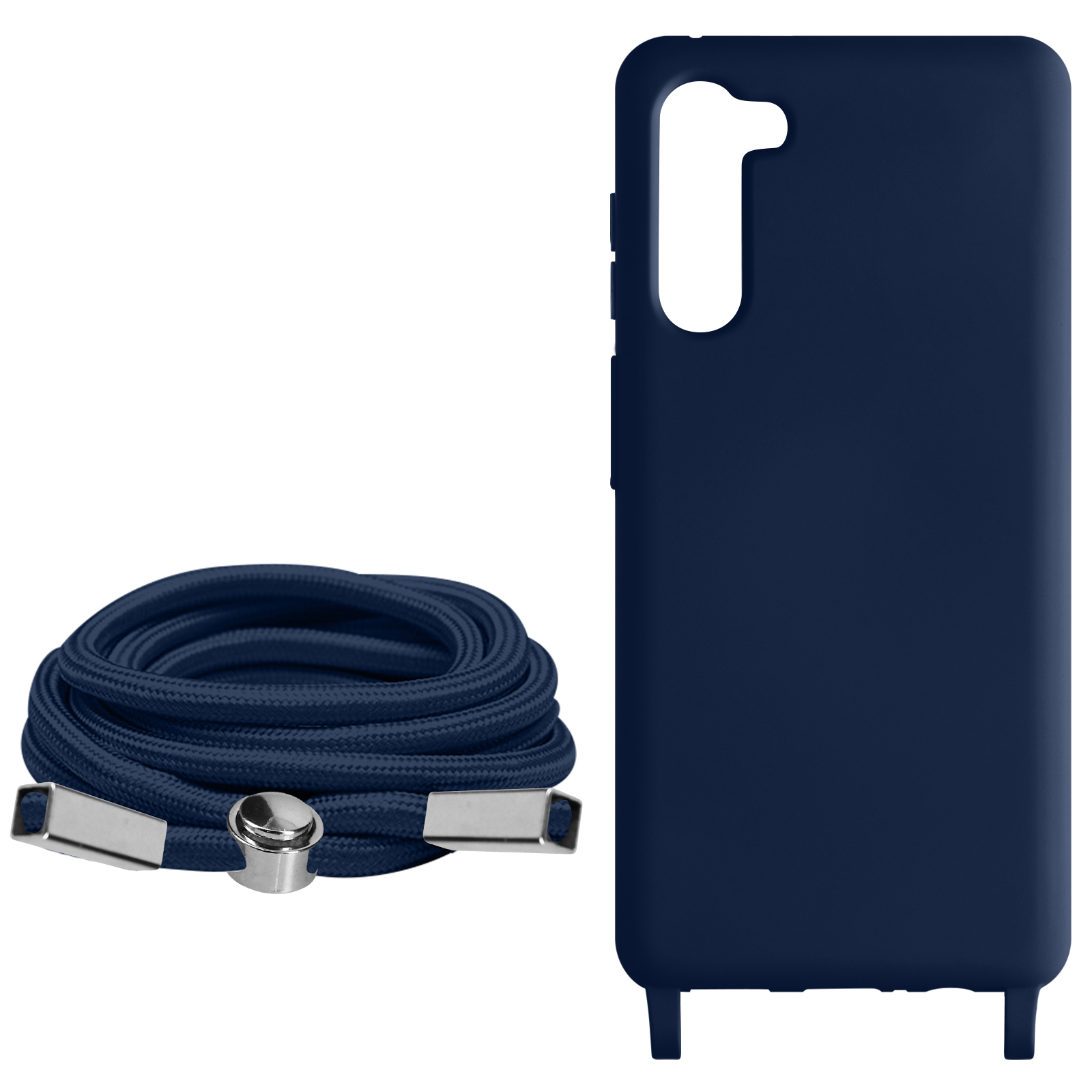 Coque de téléphone et ensemble de cordon bleu marine. La coque et le cordon sont bleu marine.