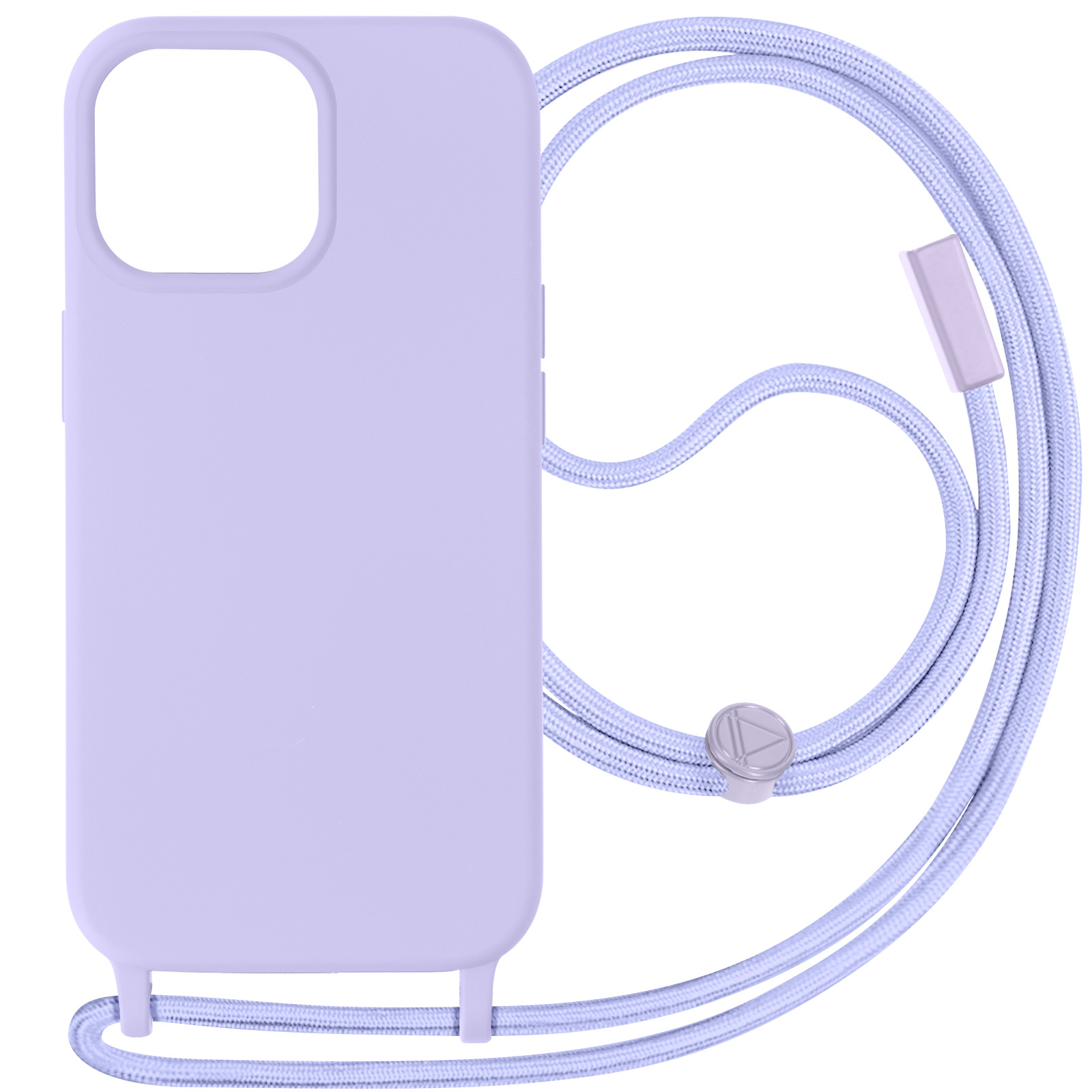 Un telefono viola con un cordino azzurro è mostrato.