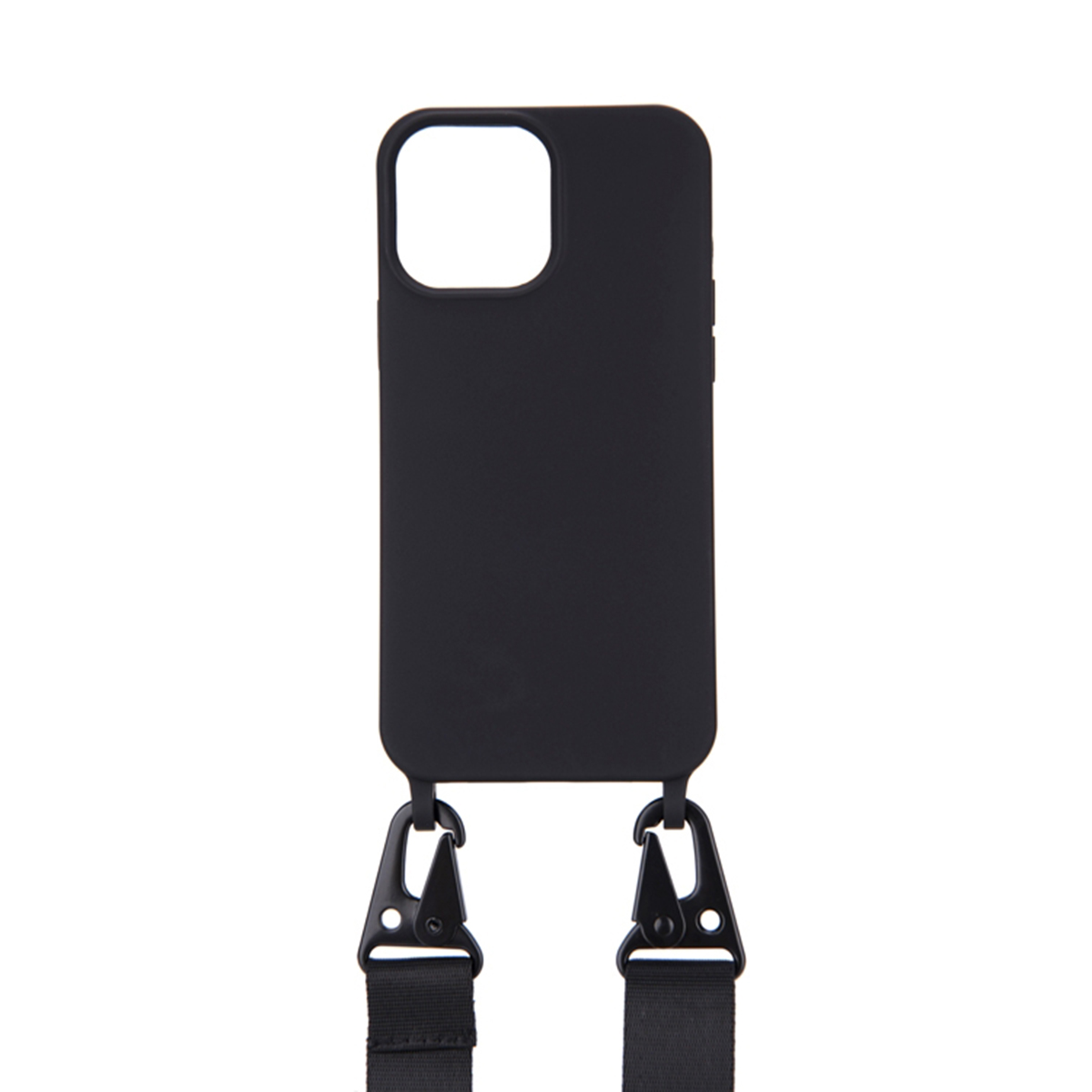Custodia per telefono nera con cinturini e clip neri.