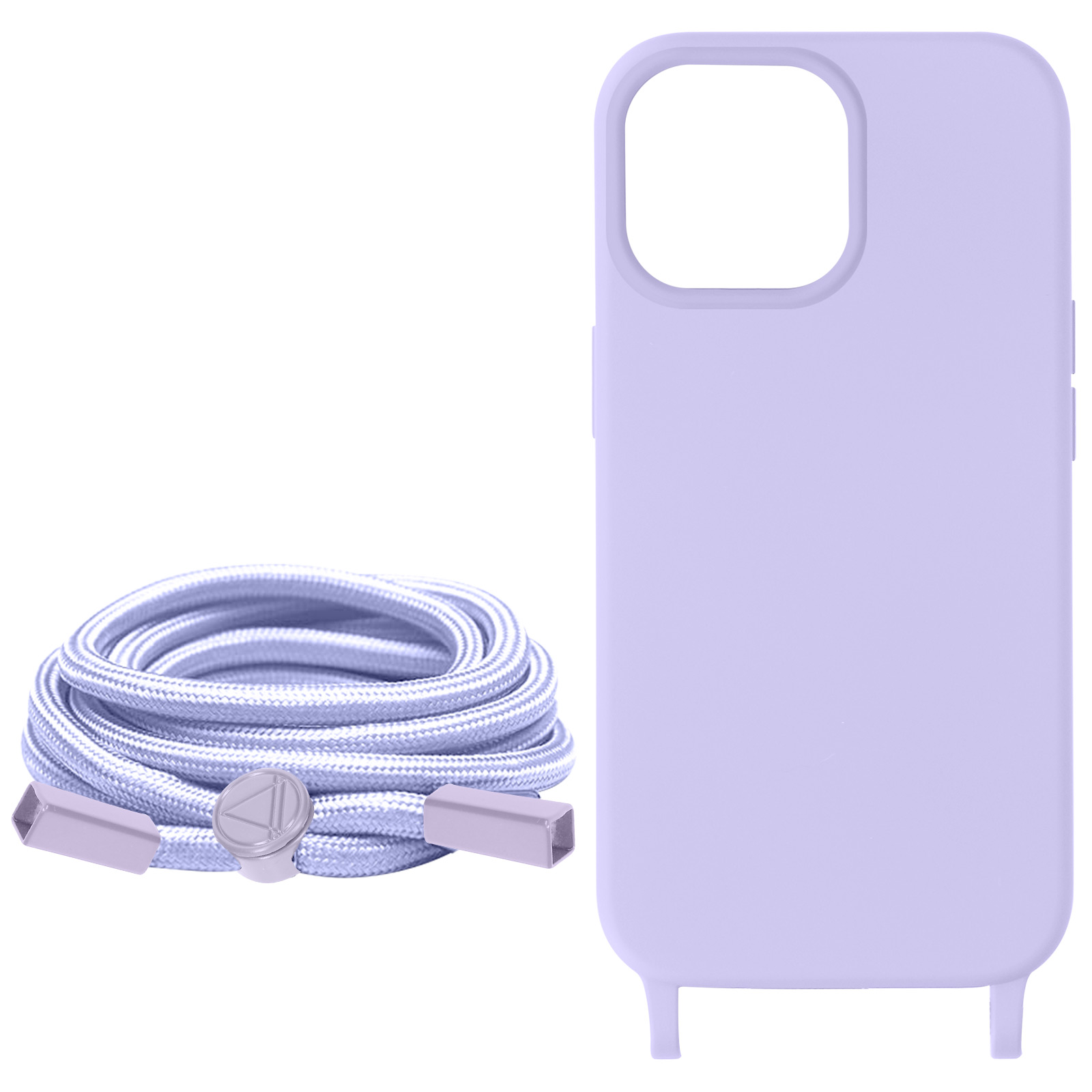 Custodia per telefono viola e una corda argentata arrotolata con un piccolo pezzo d'argento. Sfondo bianco.