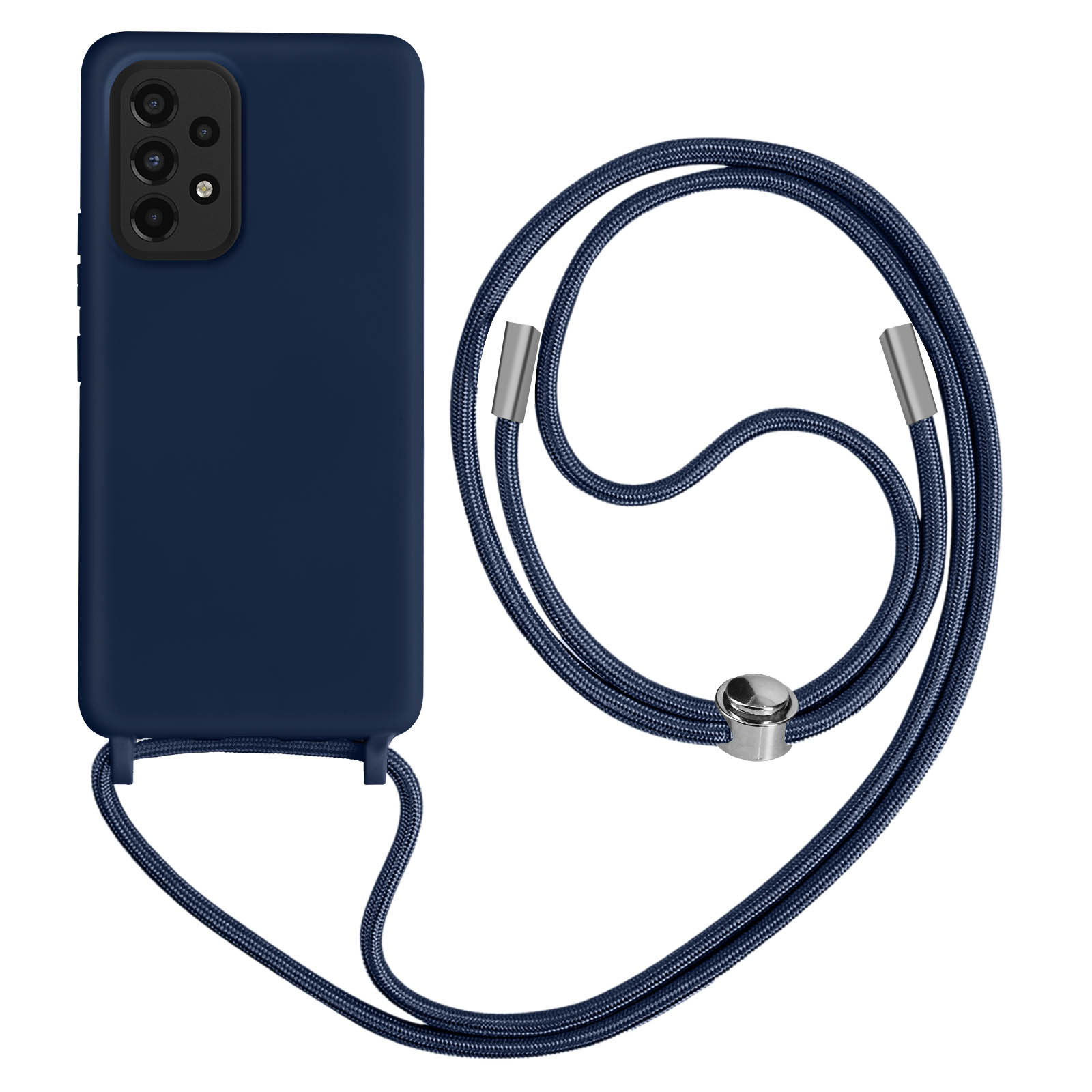 Una custodia per telefono blu navy con cinturino abbinato, esposta su sfondo bianco.