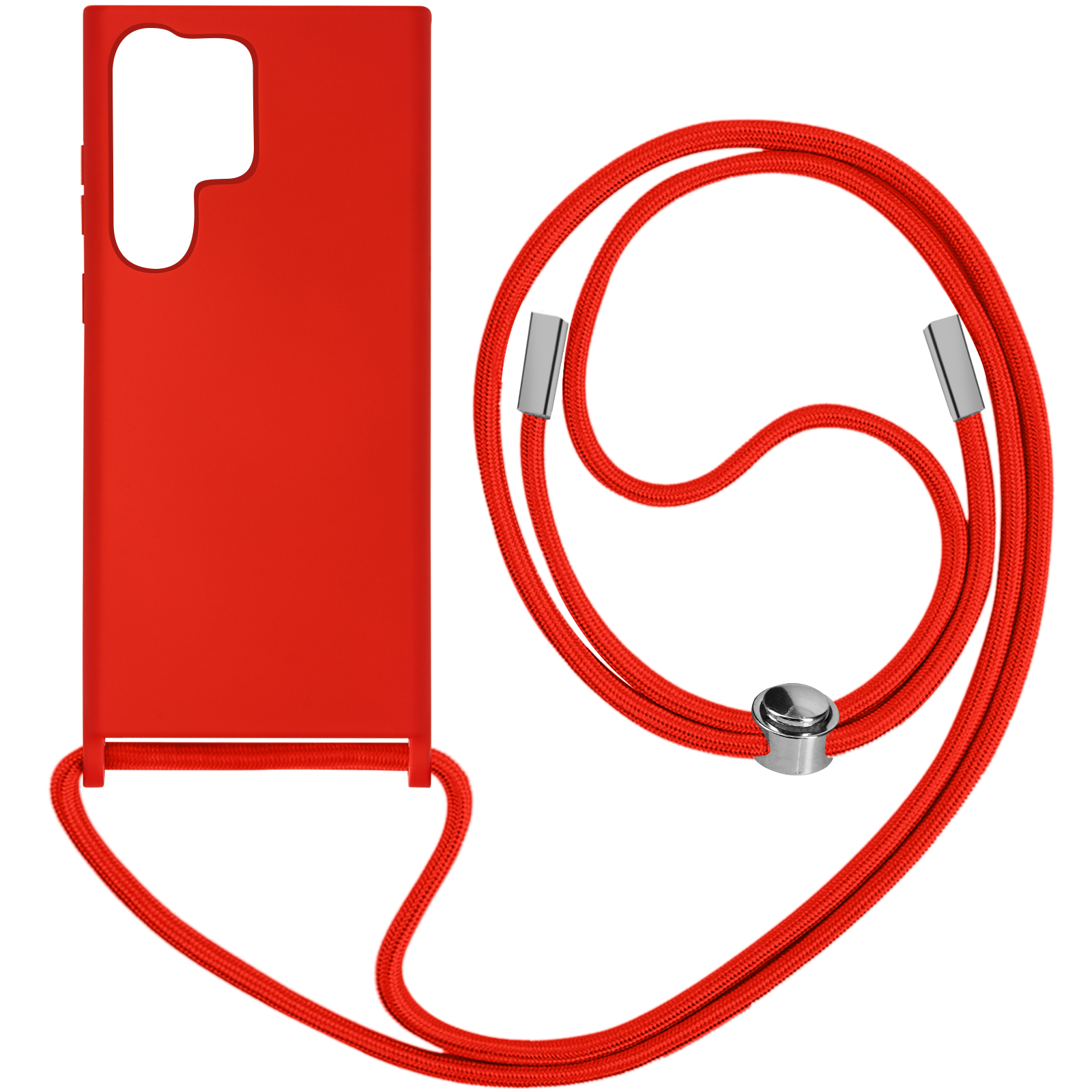 Custodia rossa per telefono con cordino rosso, sfondo bianco. La custodia è in primo piano.