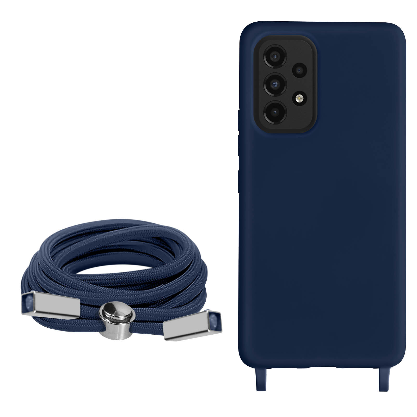 Custodia blu navy con cordino abbinato. Il cordino è arrotolato accanto.