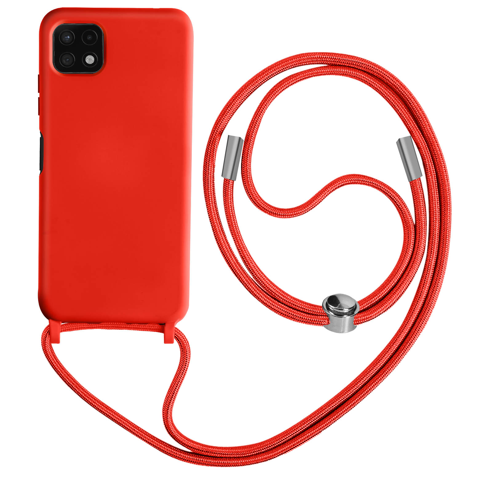 Coque de téléphone rouge avec cordon sur fond blanc.