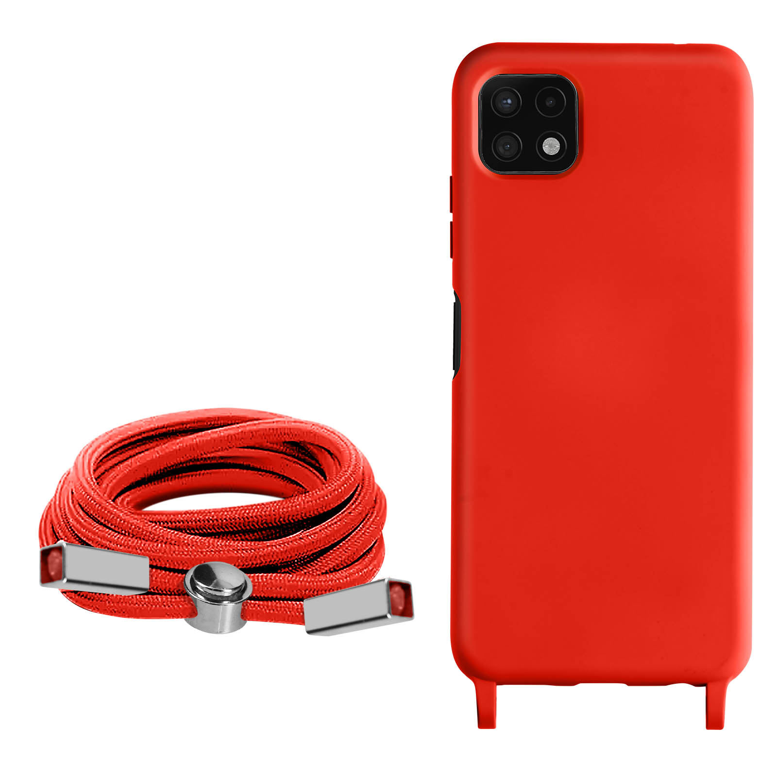 Coque de téléphone rouge avec cordon rouge, isolée sur fond blanc.
