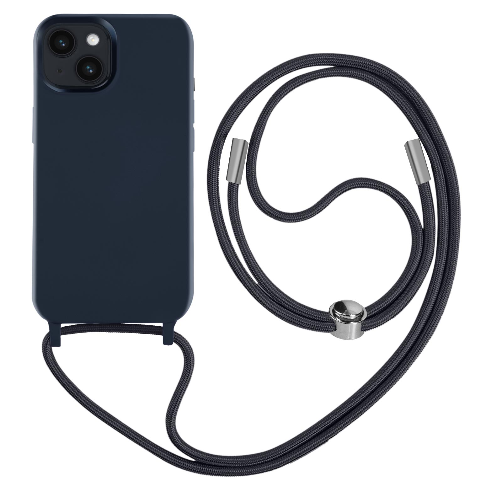 Marineblauwe telefoonhoes met koord, camera en zilverkleurige hardware.