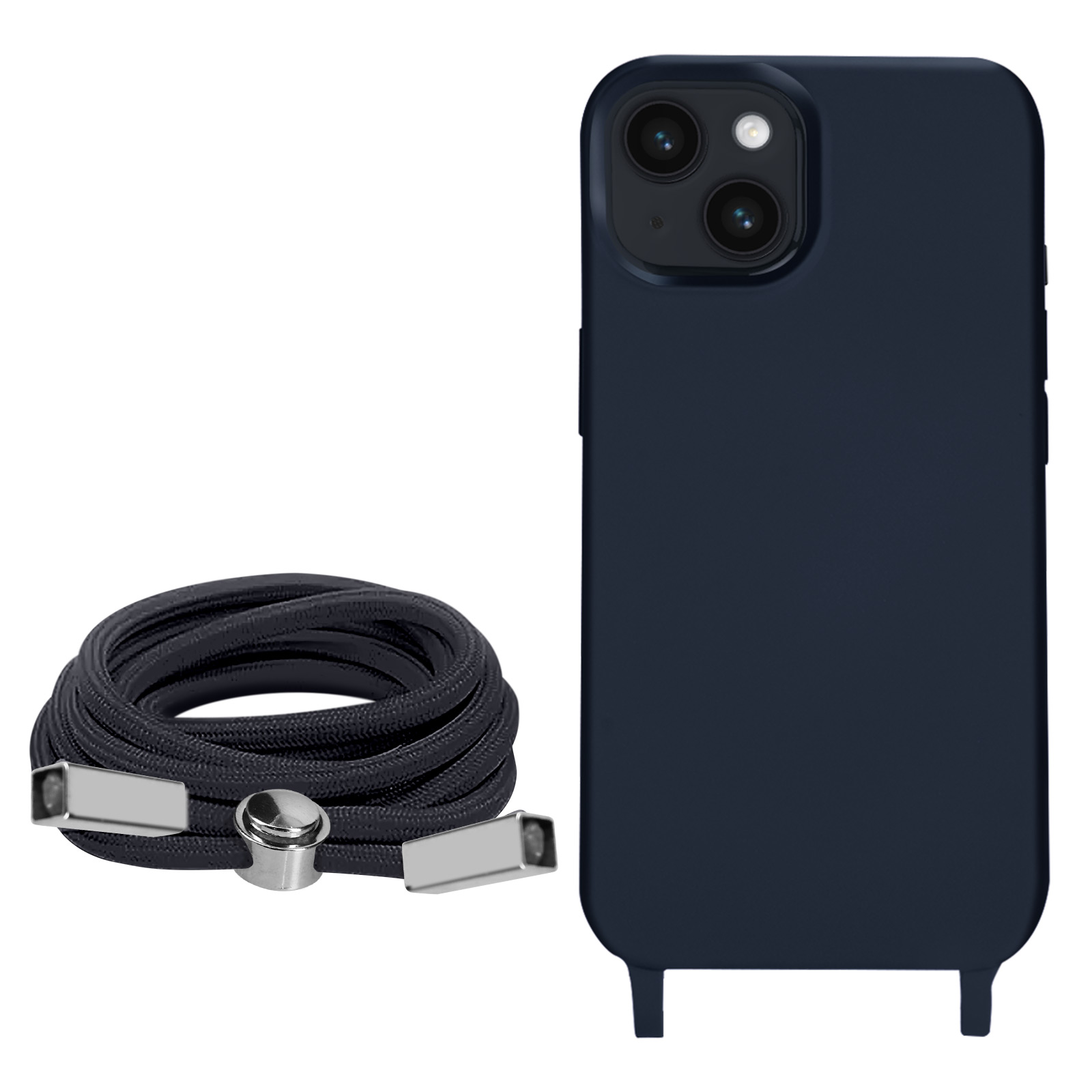 Marineblauwe telefoonhoes met een zwart koord. Het koord is opgerold met metalen uiteinden.