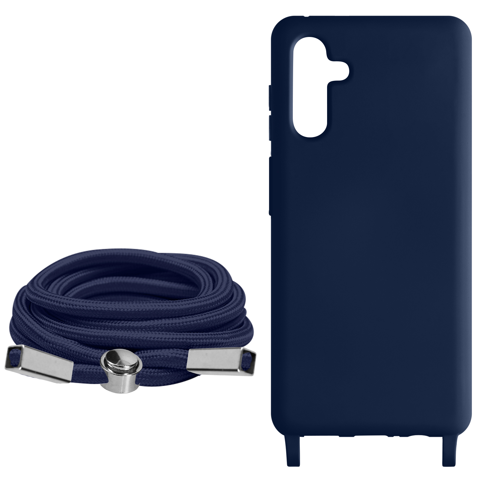 Coque de téléphone bleu marine et cordon avec détails argentés.