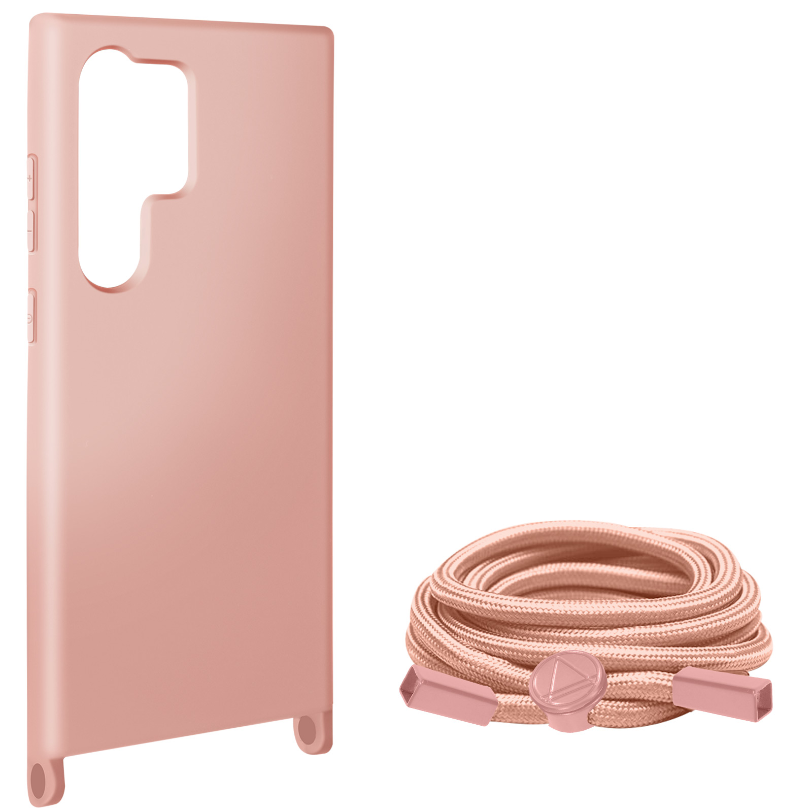 Custodia rosa con cinturino abbinato. Sfondo bianco.