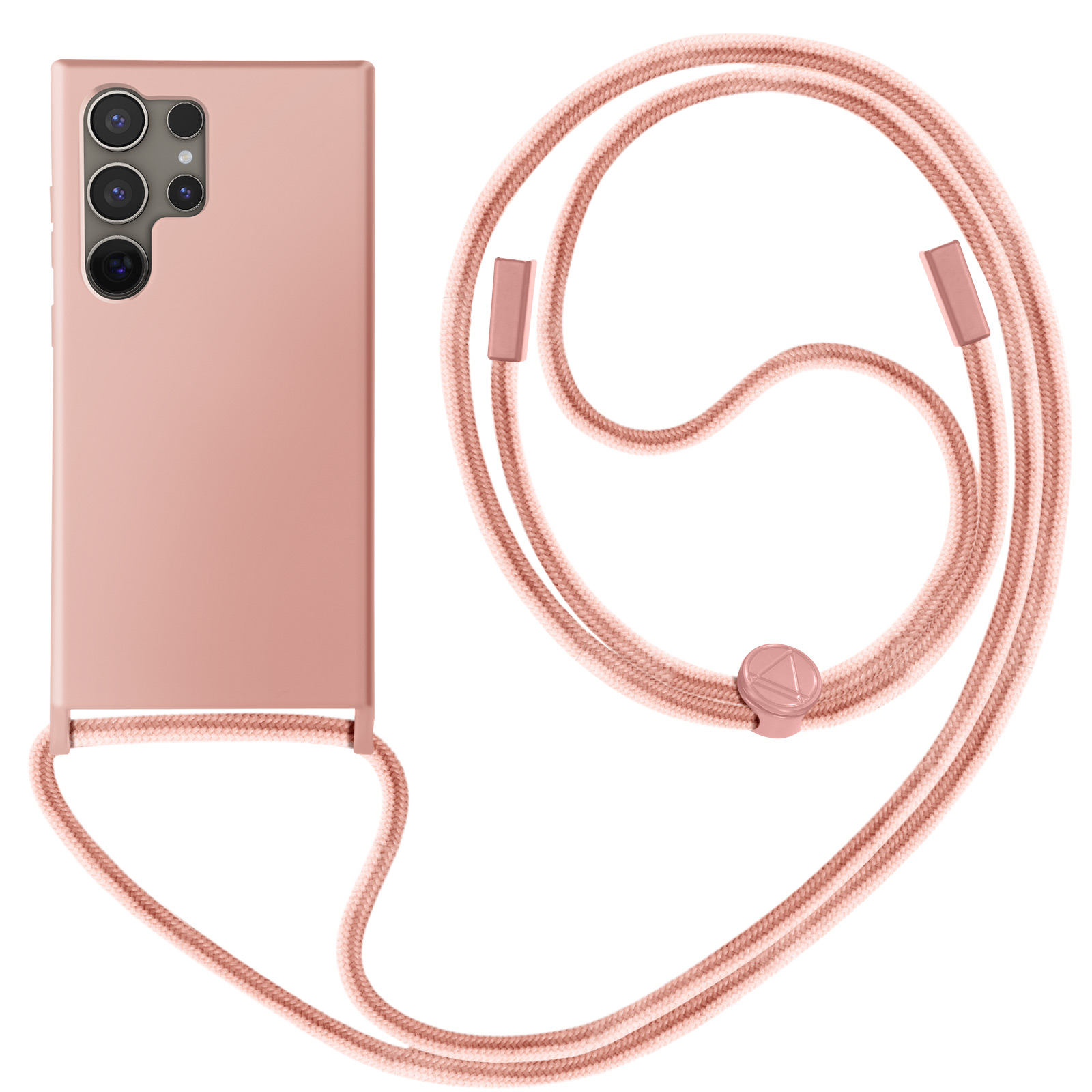Una custodia per telefono rosa con un cordino rosa abbinato. La custodia ha più lenti della fotocamera.