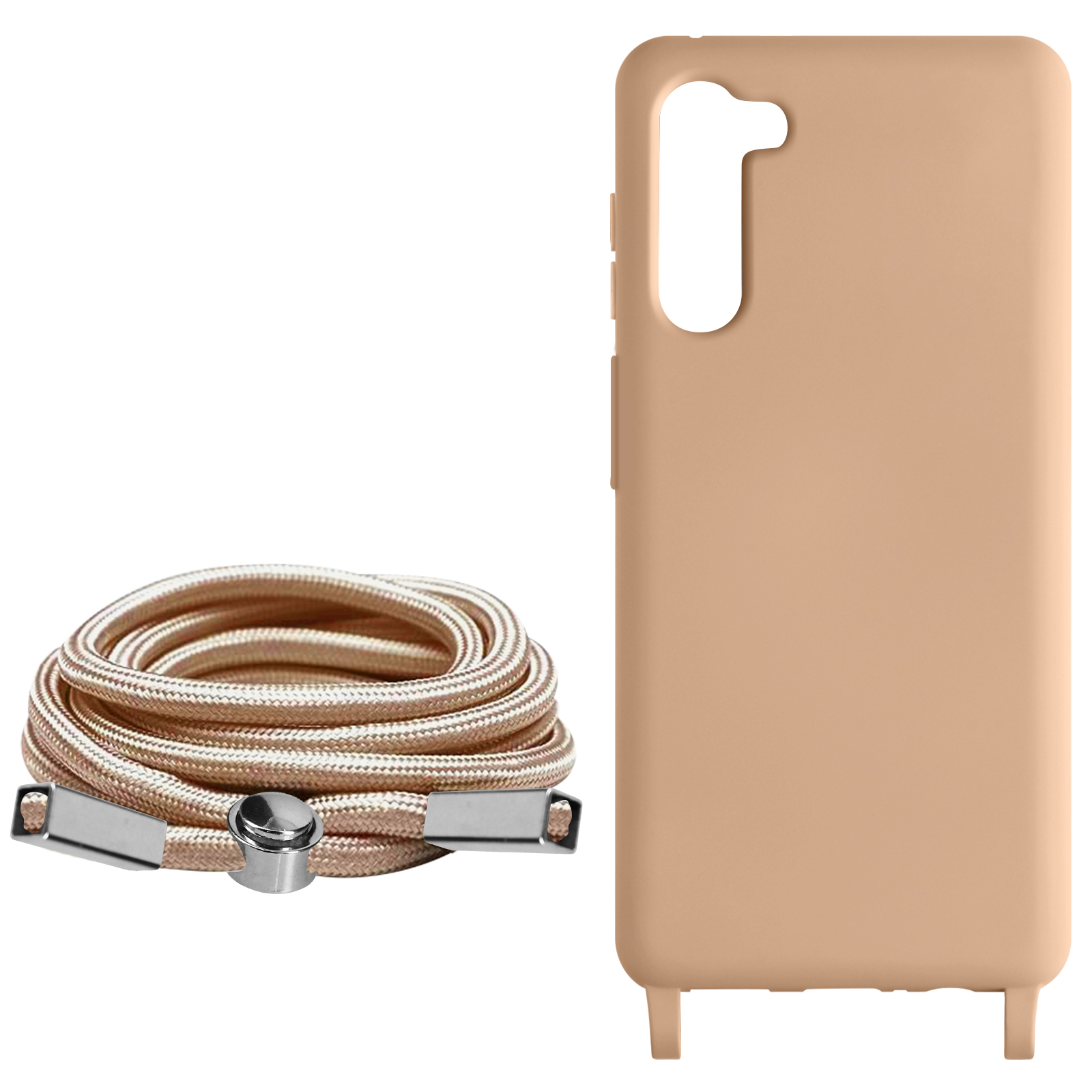 Custodia del telefono beige con cordino accanto a un cordino beige e argento.