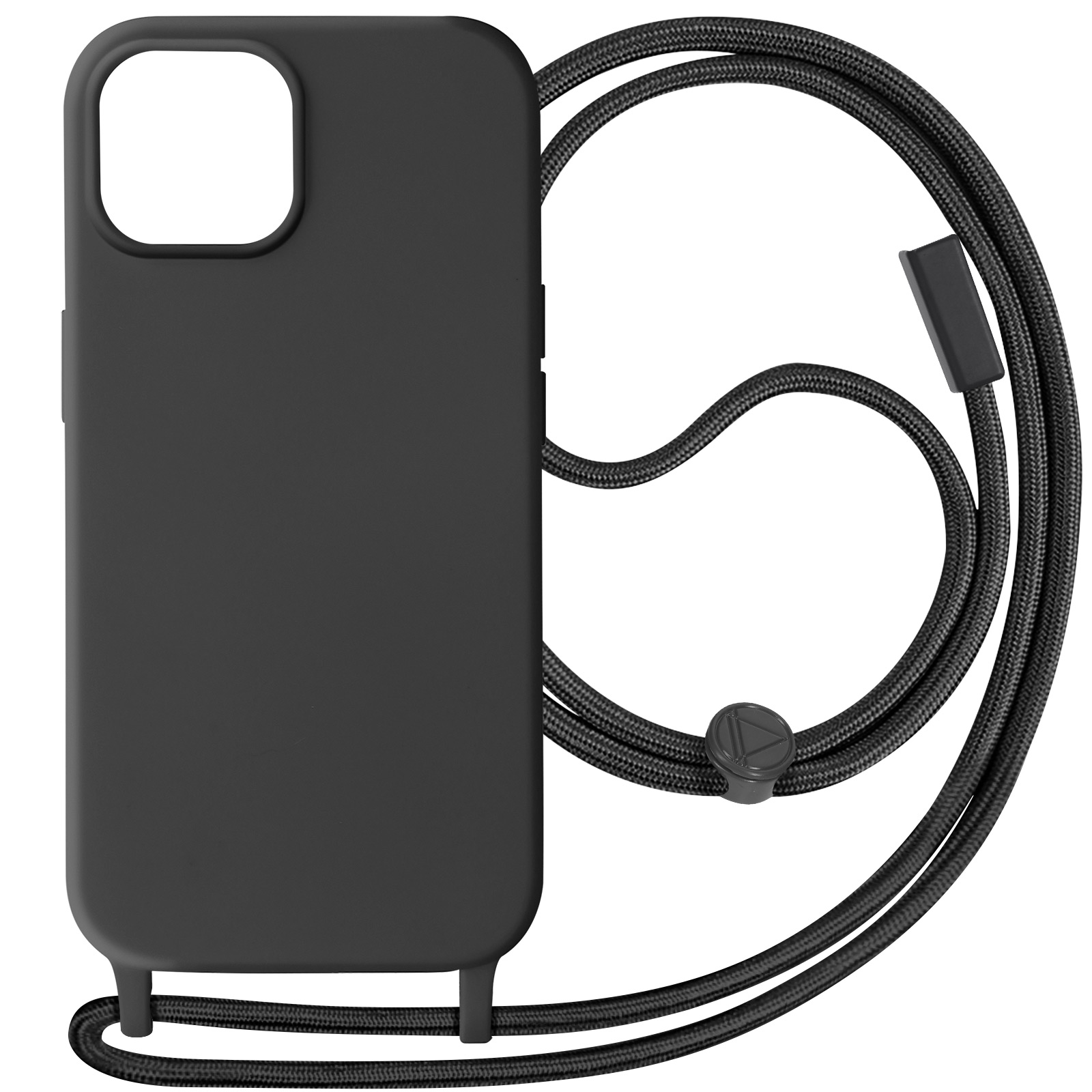 Custodia nera per telefono con cordino nero, primo piano del telefono e del cordino.