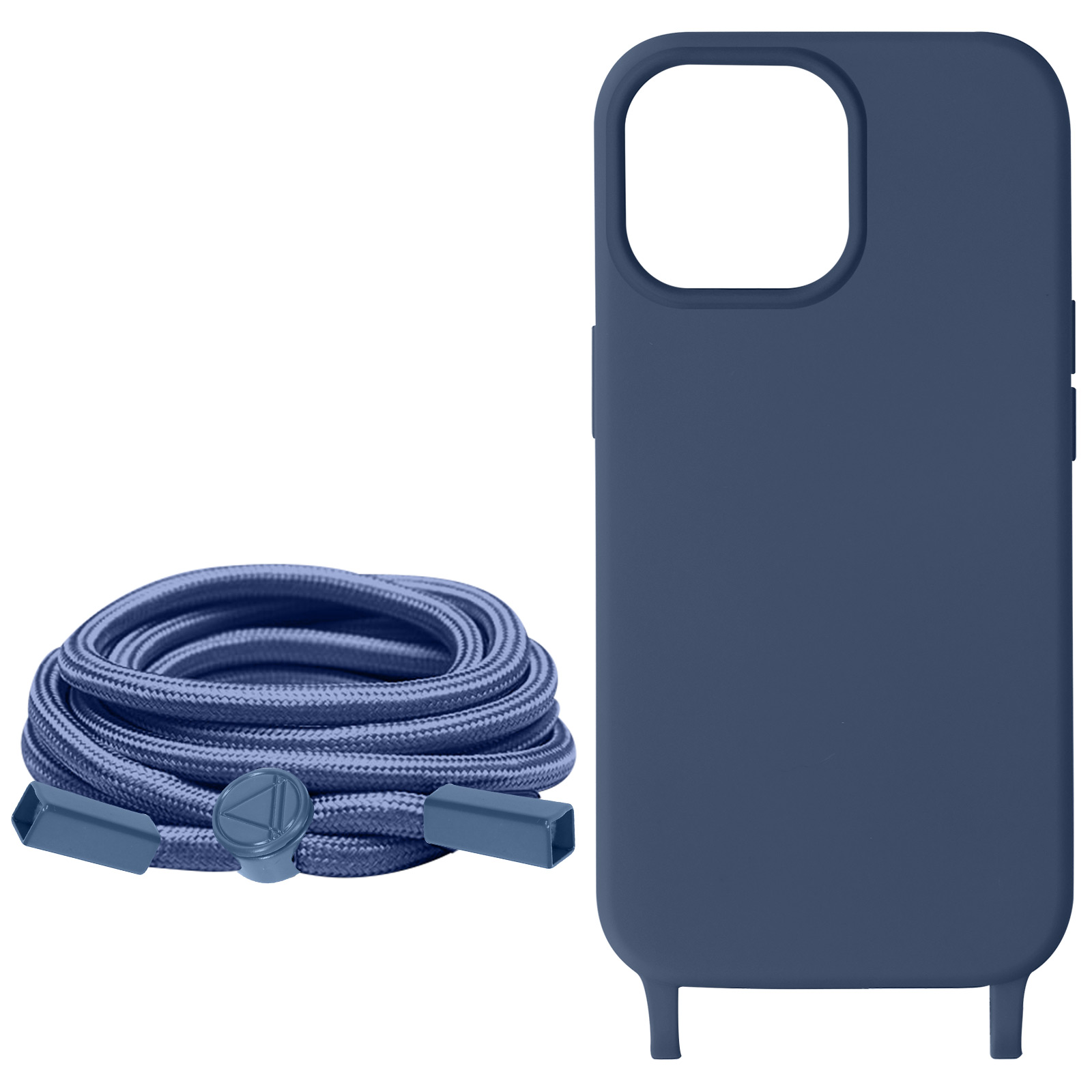 Custodia blu per telefono con cordino blu. Custodia a destra. Cordino arrotolato con chiusura.