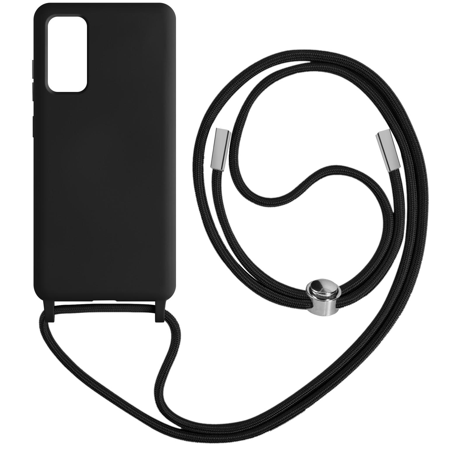 Une coque de téléphone noire et un cordon. Le fond est blanc.