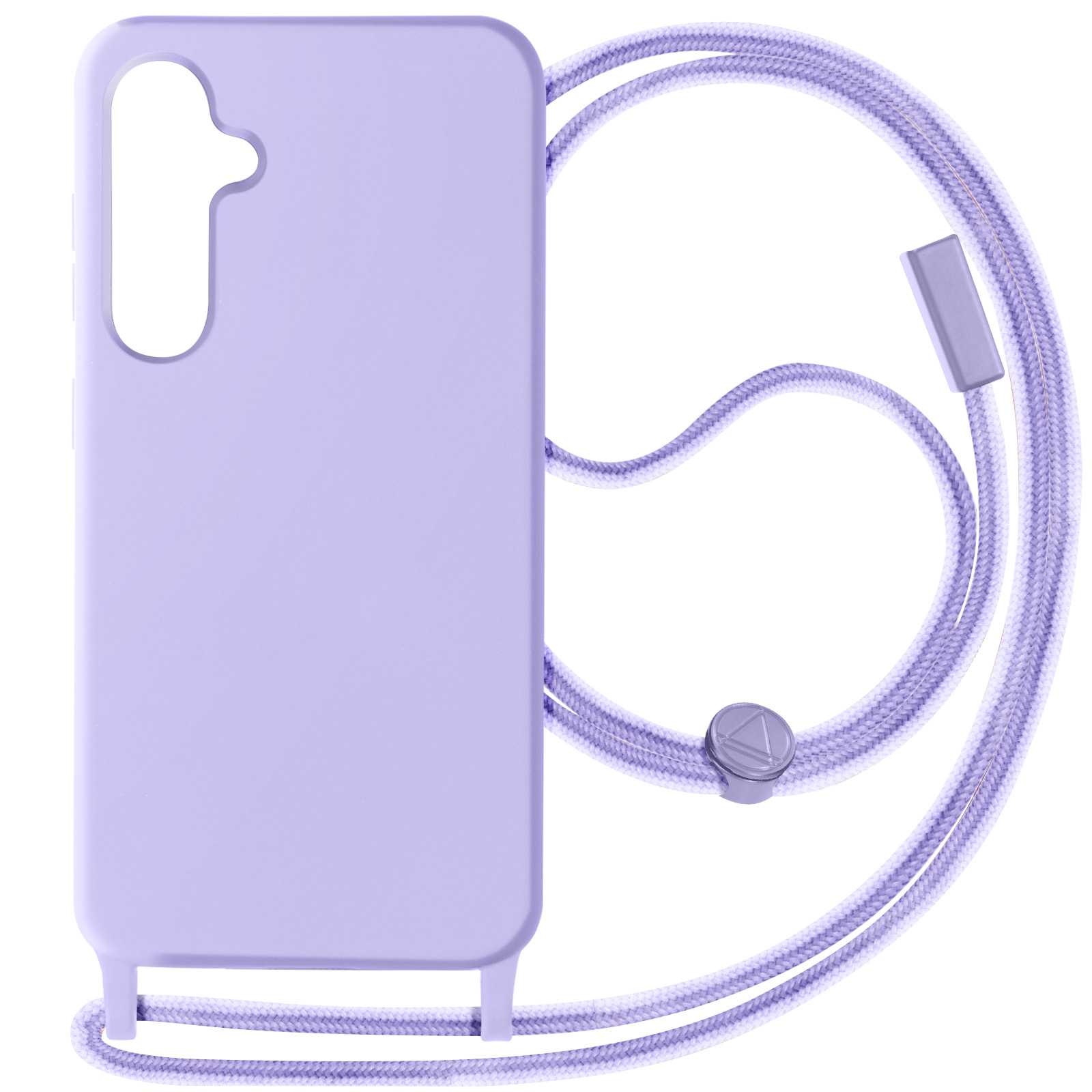 Custodia per telefono lilla con cordino abbinato. Sfondo bianco.