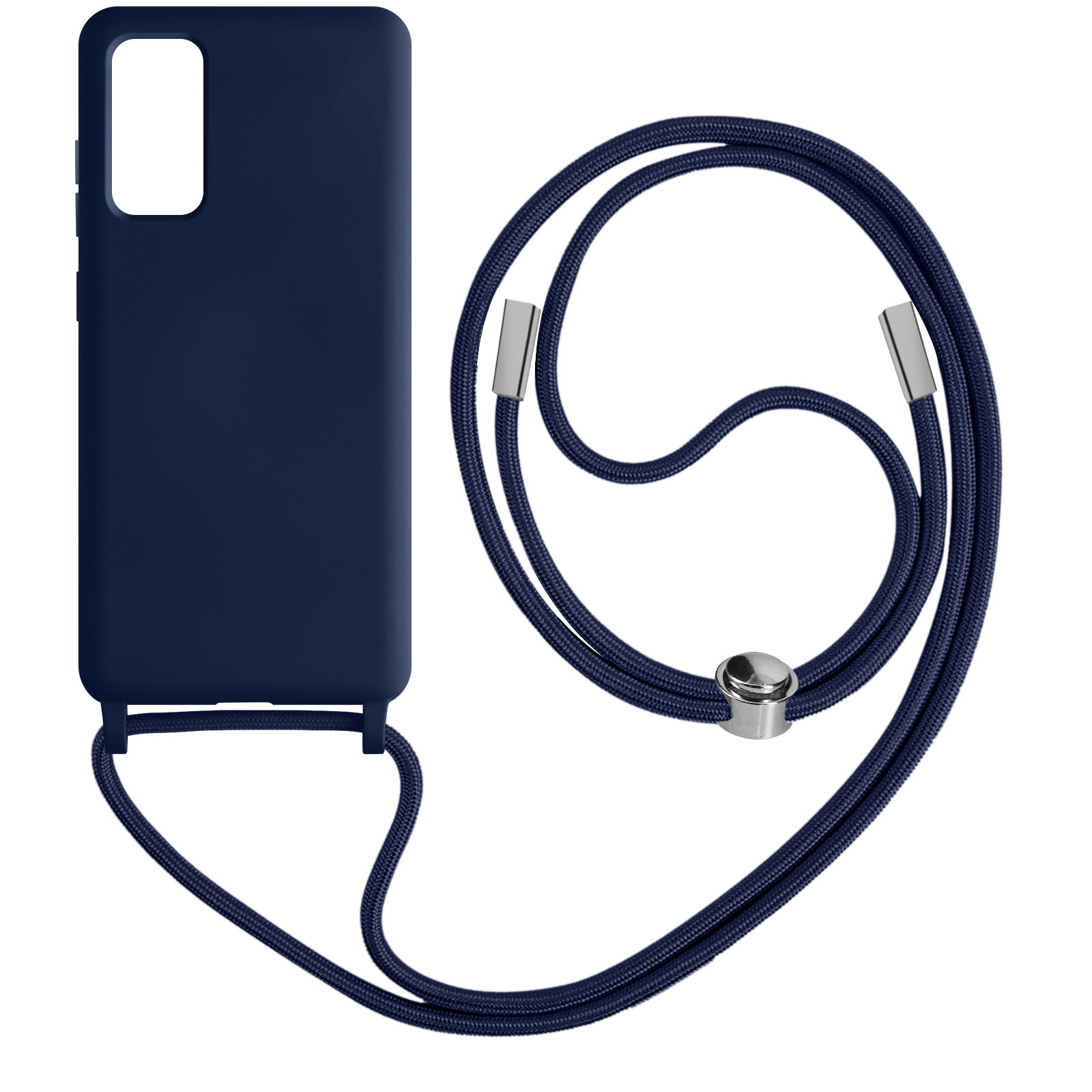 Coque de téléphone bleu marine avec cordon bleu marine. Fond blanc.