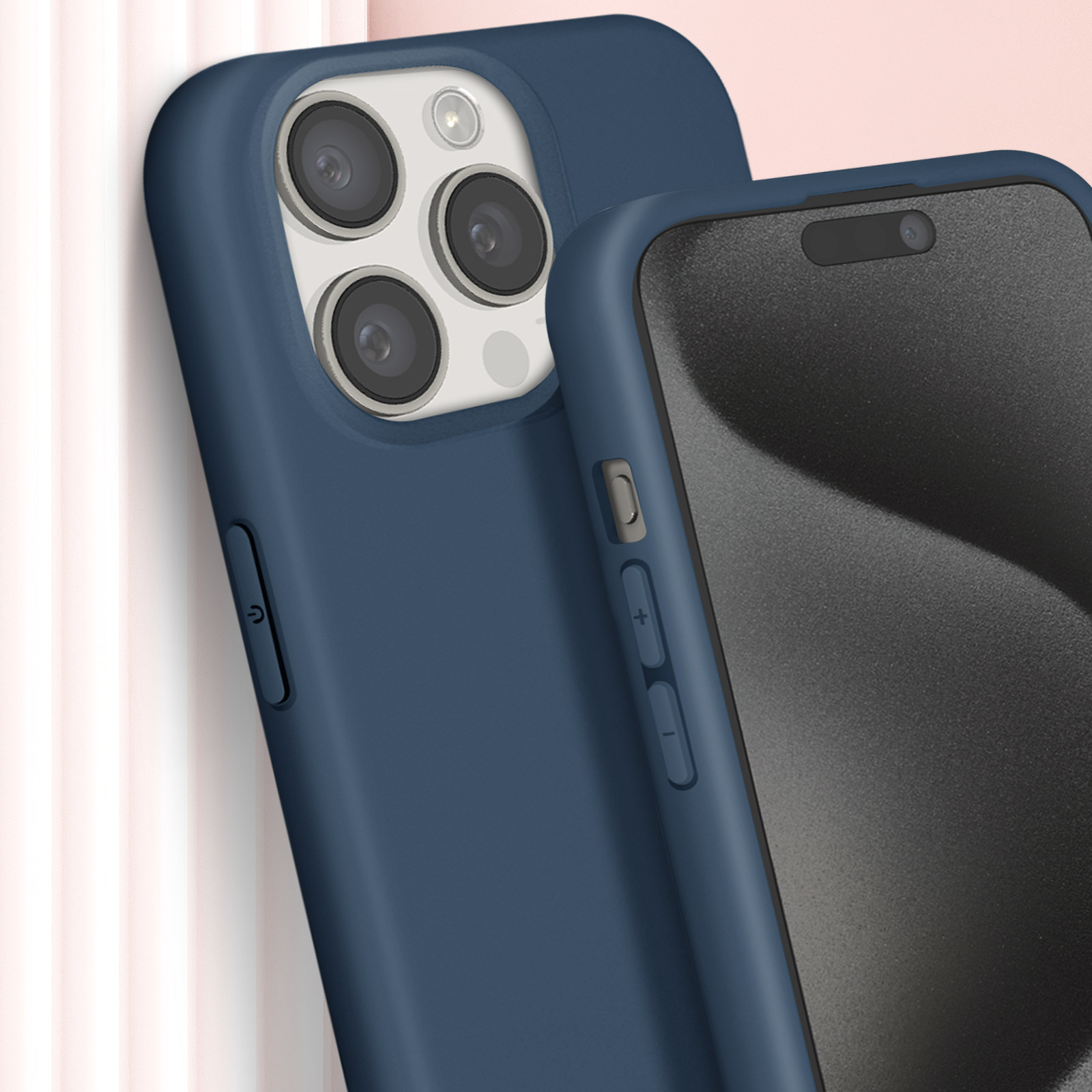 Custodia blu con telefono dentro. La custodia ha pulsanti volume e accensione.