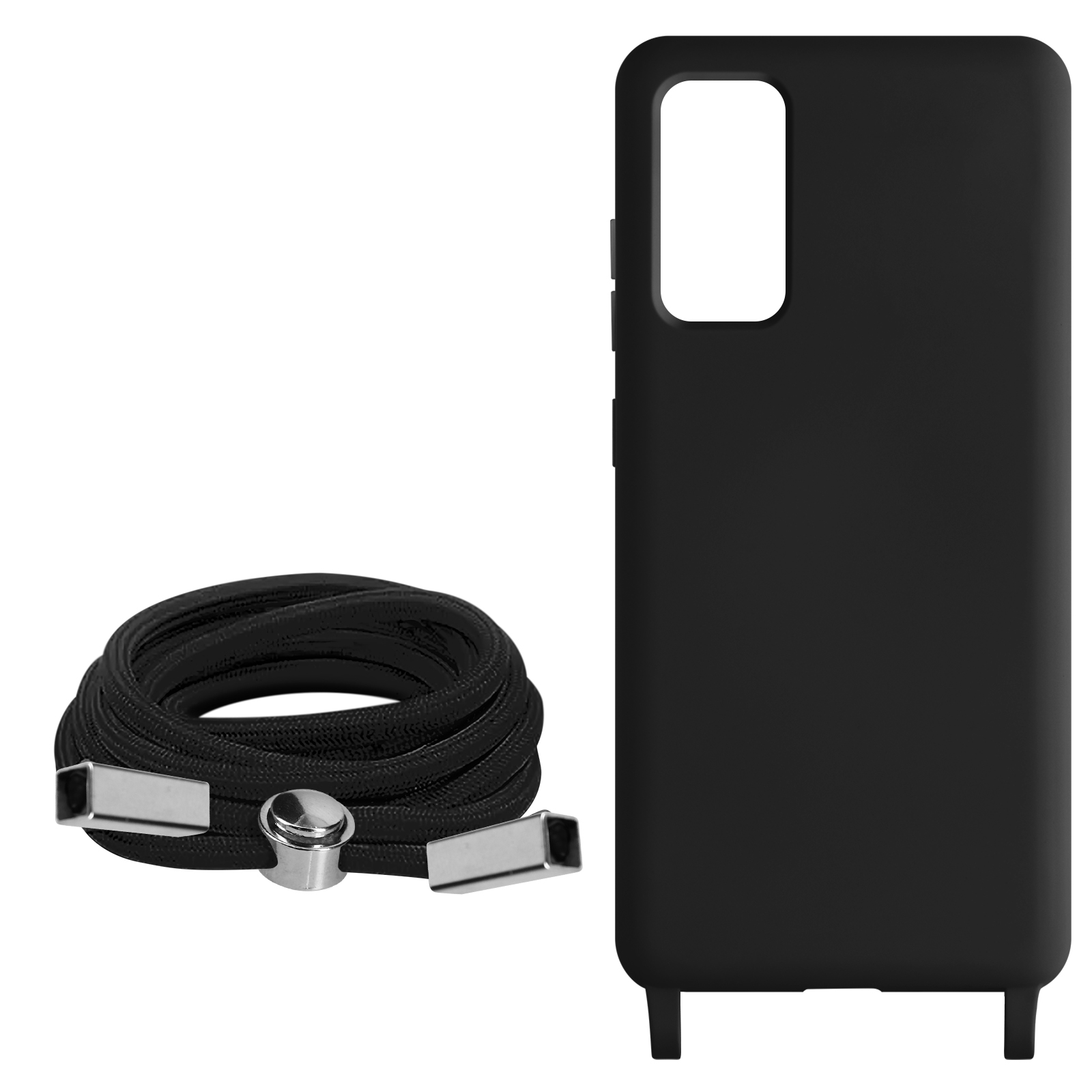 Coque noire et cordon noir avec détails argentés, isolés sur fond blanc.